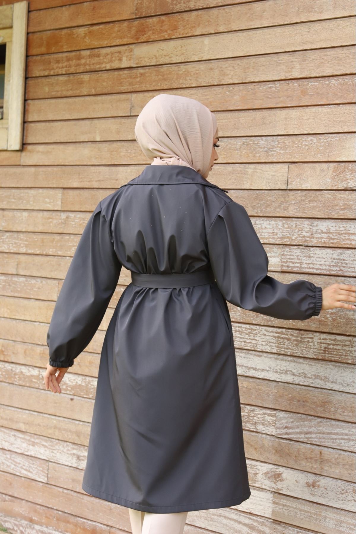 ALNİSS COLLECTİON Belden Bağlamalı Balon Kol Kadın Trenç görsel 4
