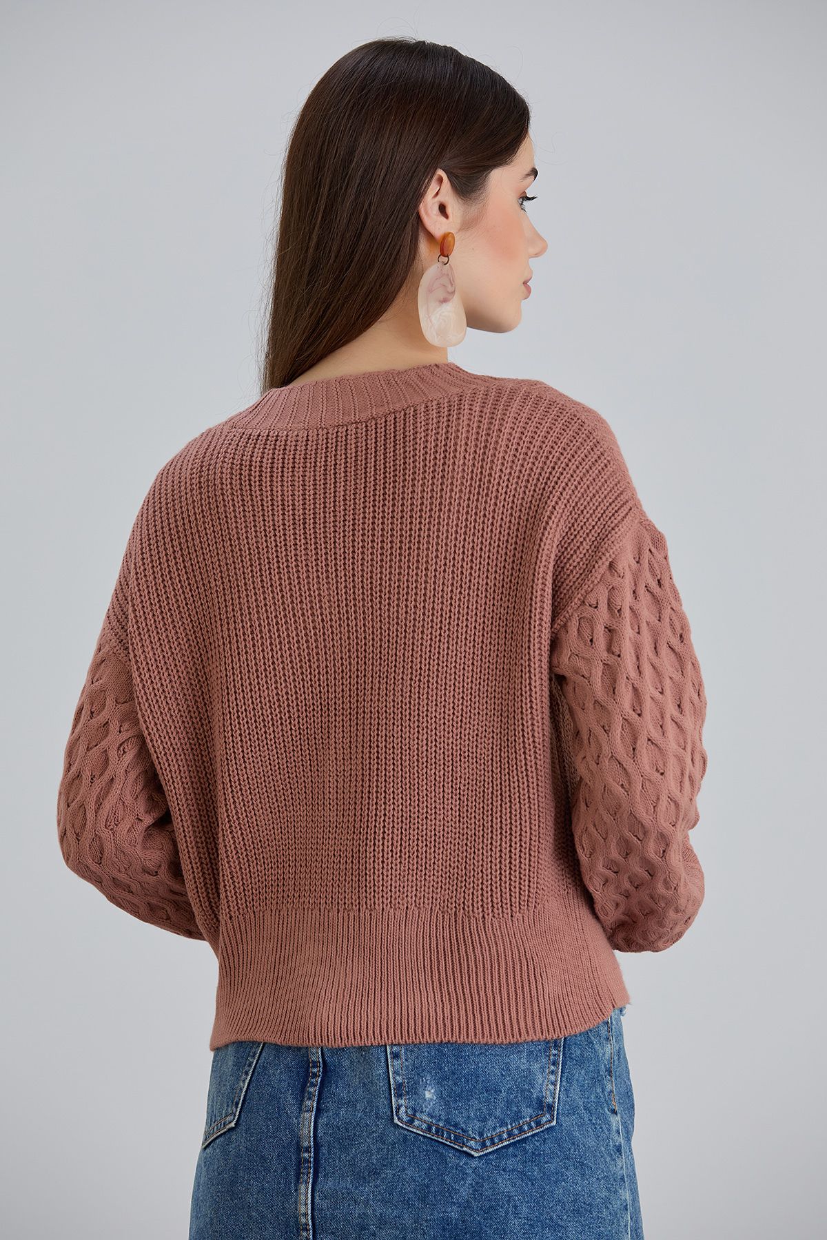 hanope-Women's Balloon Sleeve Knitted Patterned Crop Knitwear Cinnamon Cardigan 7