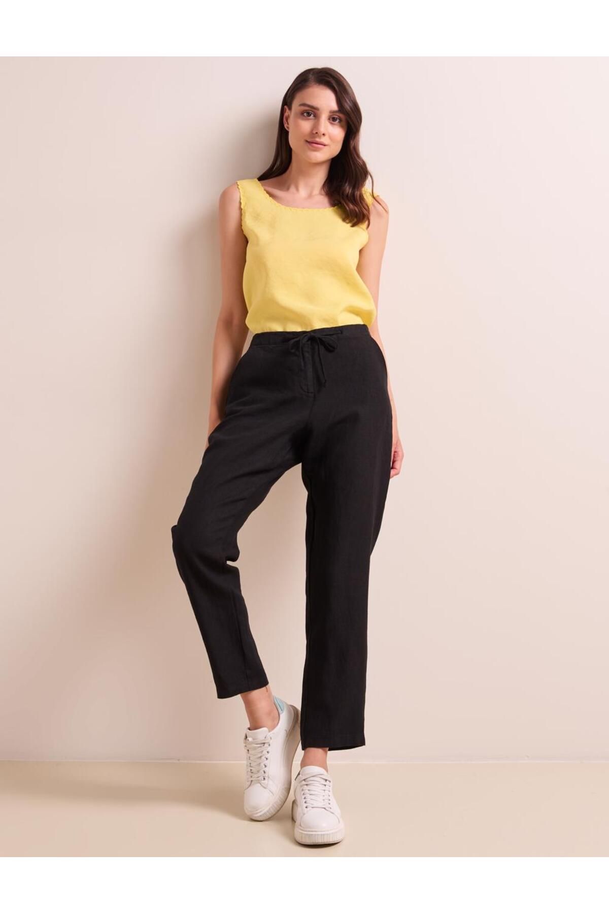 Jimmy Key-Black Straight Cut Linen Trousers with Elastic Waist Pockets 1