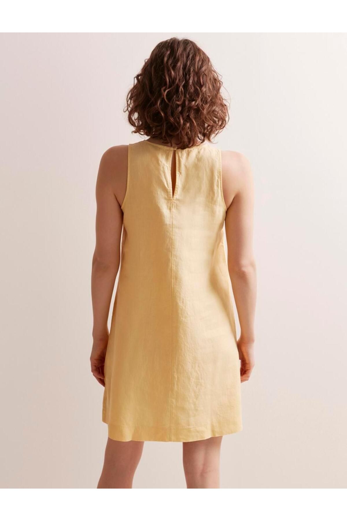 Jimmy Key-Yellow Straight Cut Crew Neck Sleeveless Linen Dress 4