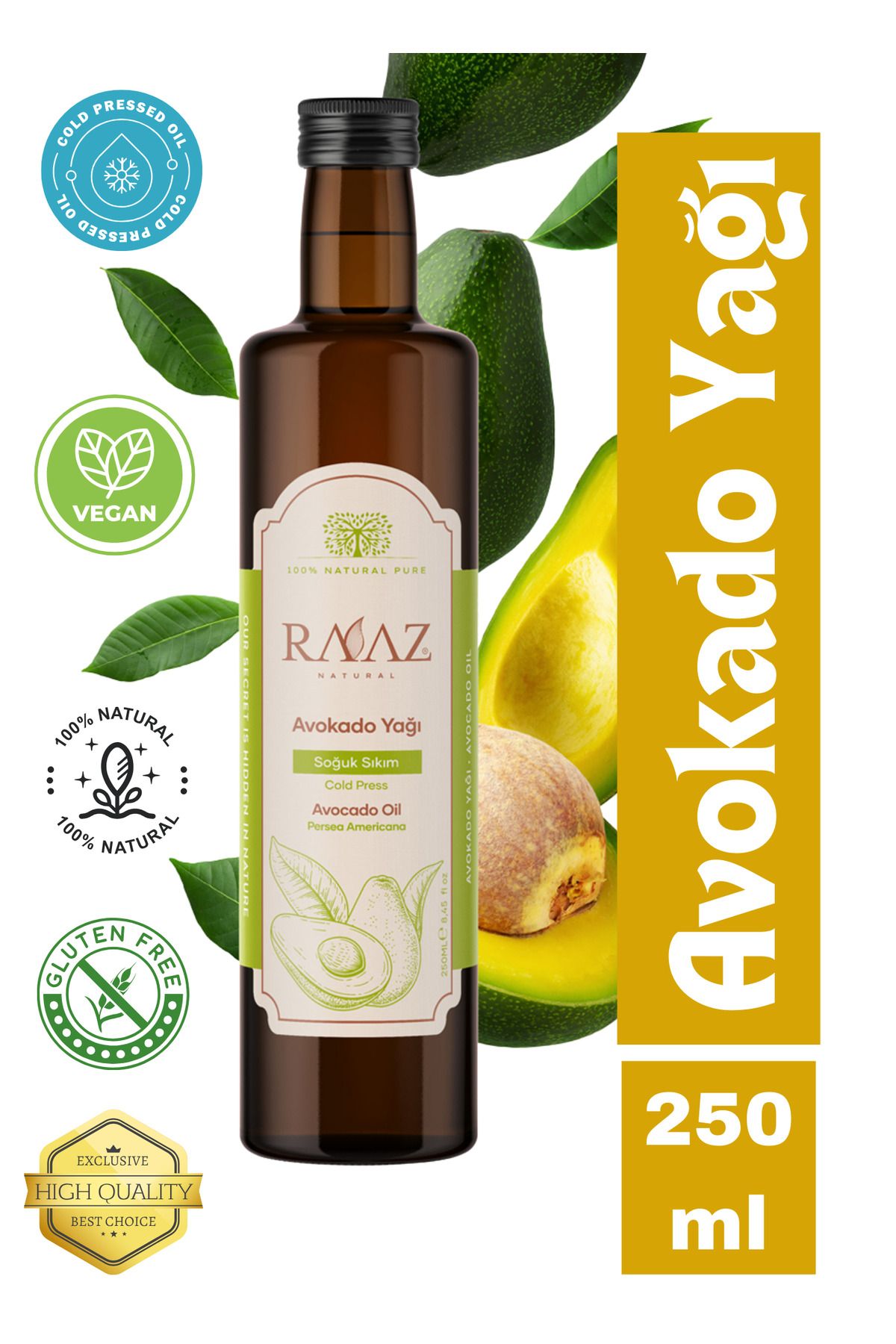 Avokado Yağı %100 Soğuk Sıkım Saf Cam Şişe Avocado Oil 100% Pure 250 ml