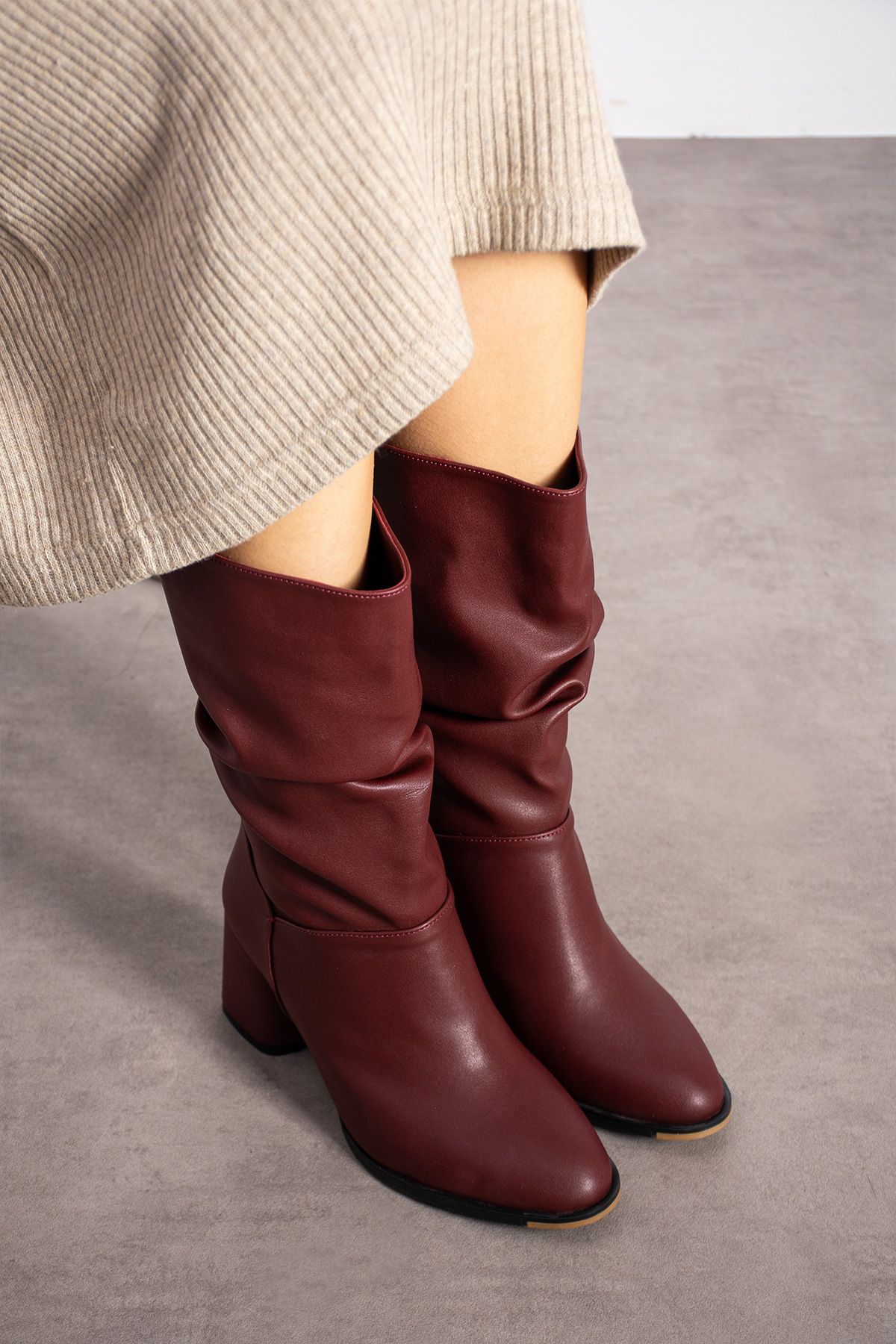 KOTAN-Claret Red Skin Gusseted Comfortable Stylish Heeled Women's Boots with Drawstring Detail 3