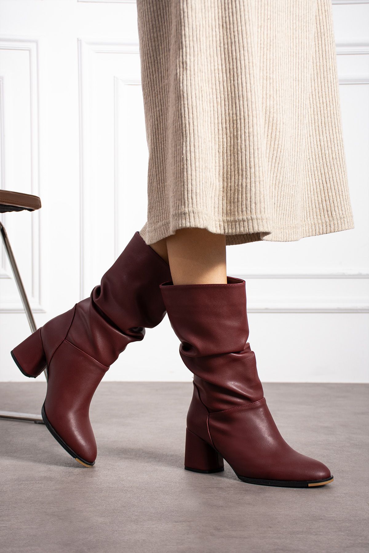 KOTAN-Claret Red Skin Gusseted Comfortable Stylish Heeled Women's Boots with Drawstring Detail 1