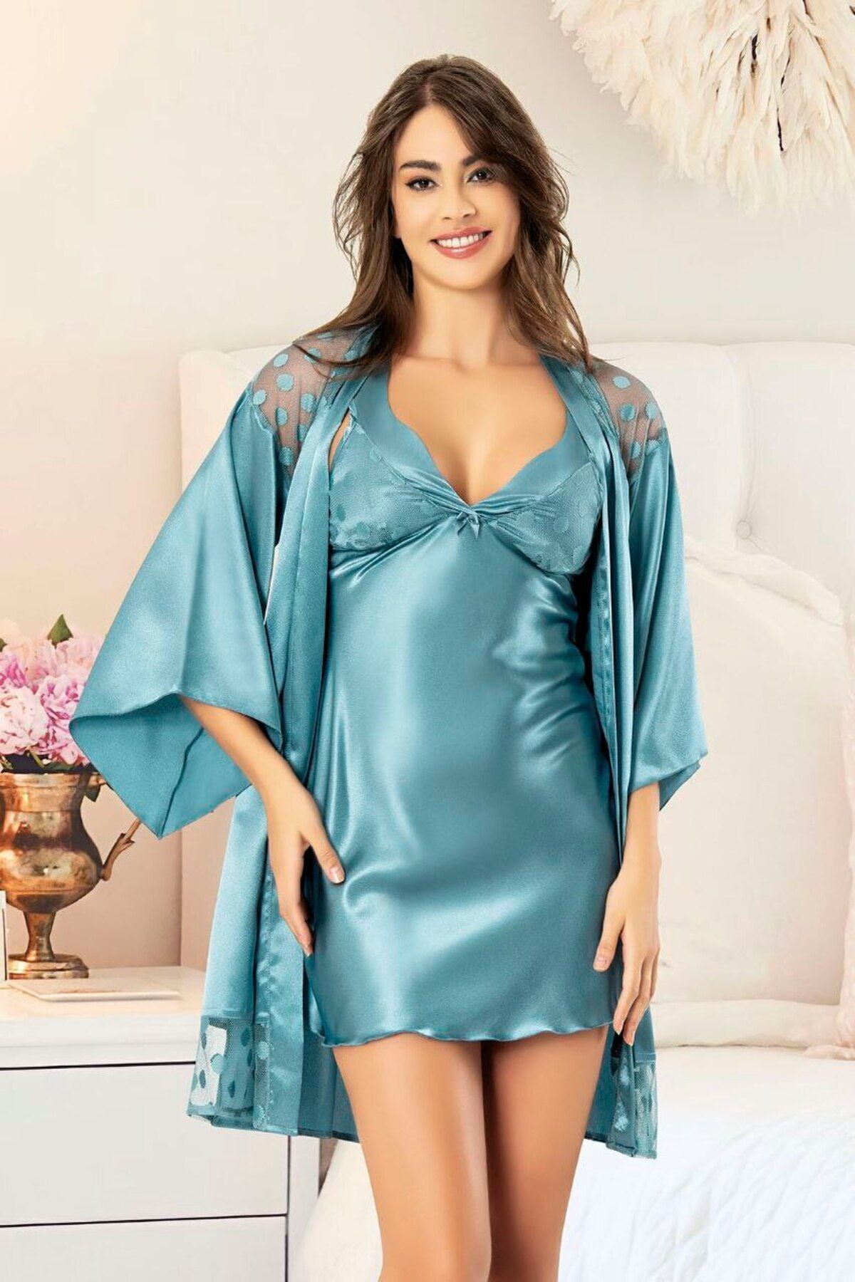 ROZELT Saten Dantel Detaylı Gecelik Sabahlık İkili Takım 2043 Mavi