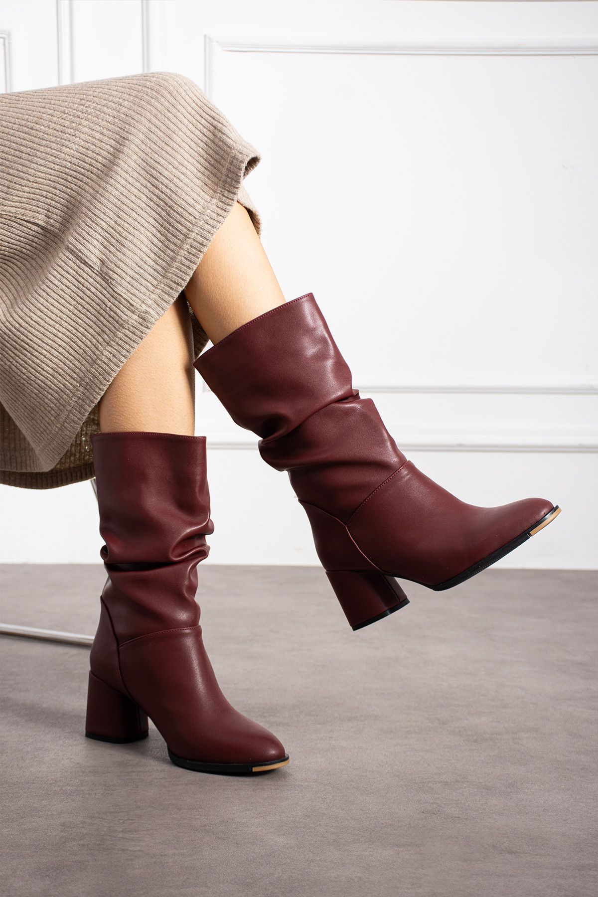 KOTAN-Claret Red Skin Gusseted Comfortable Stylish Heeled Women's Boots with Drawstring Detail 2