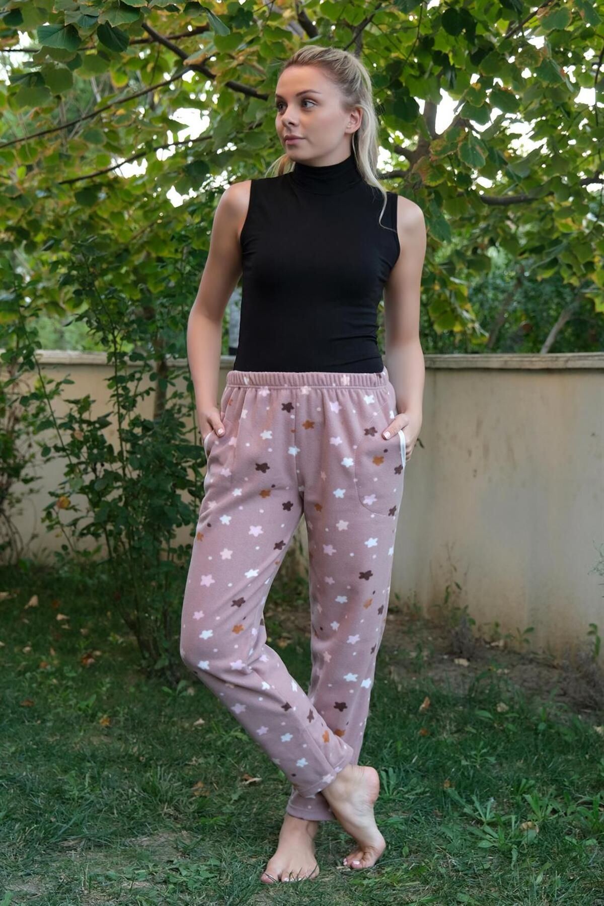 ZenWave Moda Çizgi Kadın Welsoft Polar Tek Alt Pijama 210056