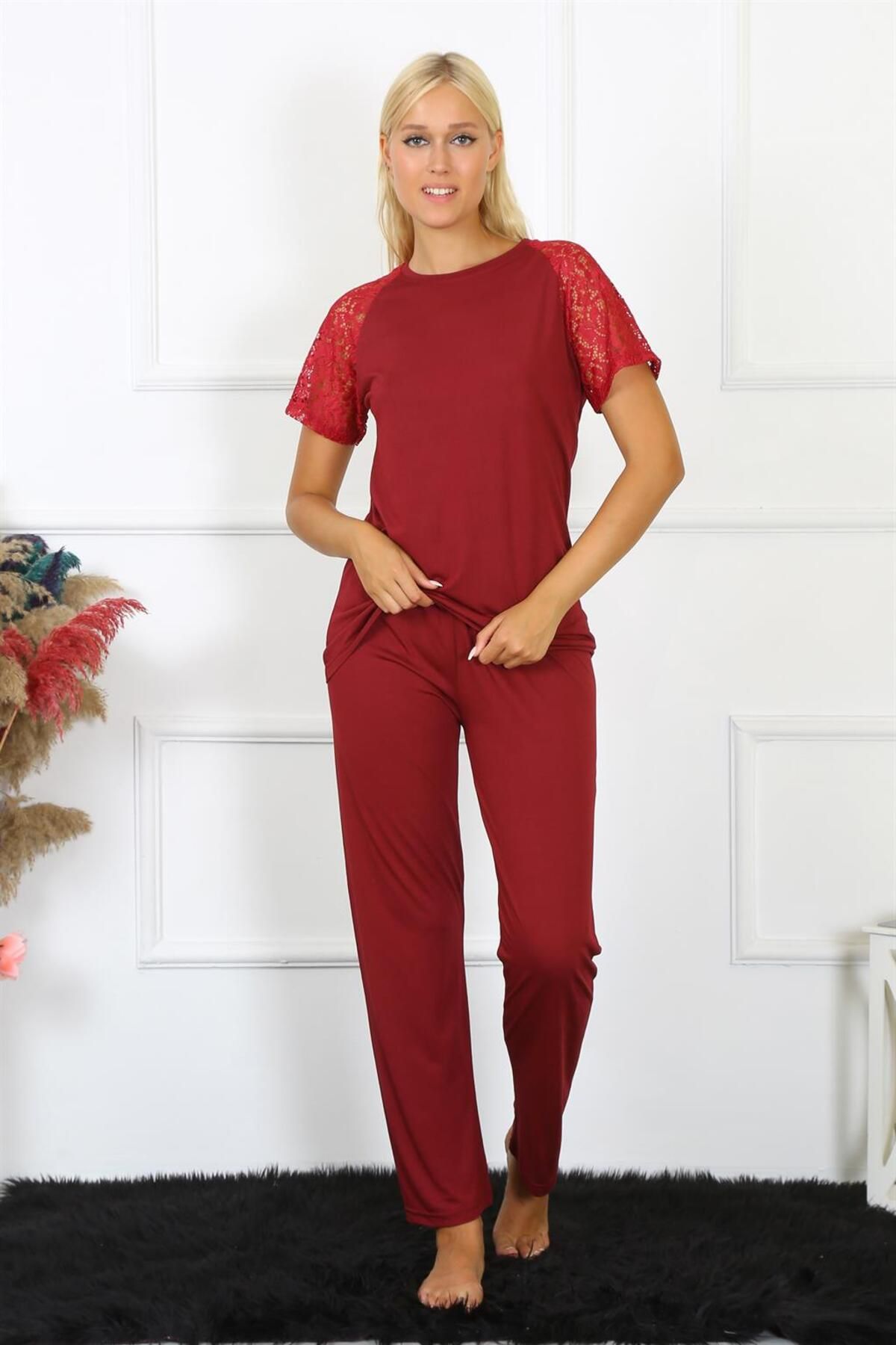 ZenWave BSMA Moda Çizgi Kadın Kolu Dantelli Penye Pijama Takım 4152