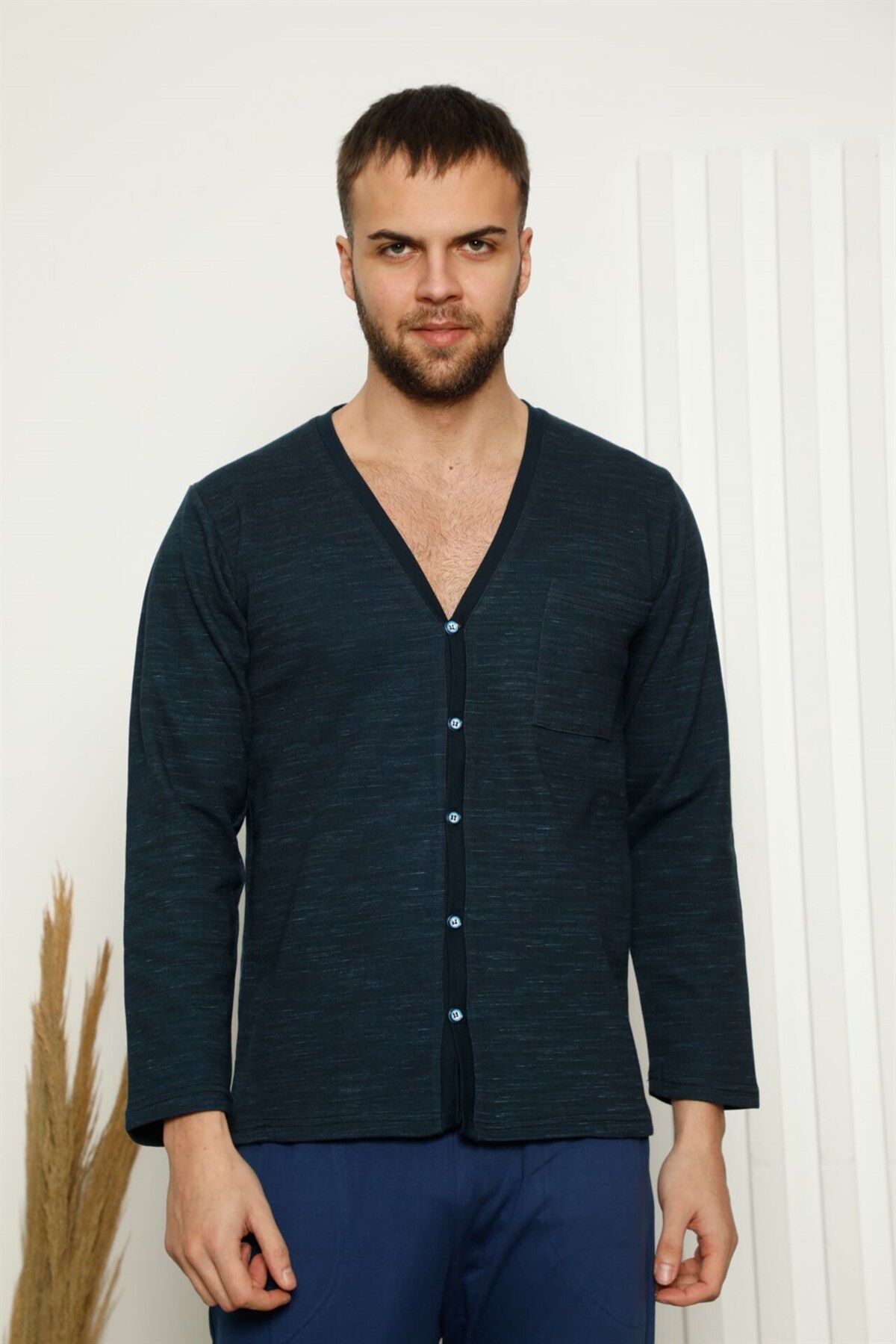 COXO Fashion`S Moda Çizgi Men's 100% Cotton Front Buttoned Pocket Long Sleeve Pajama Set 6768