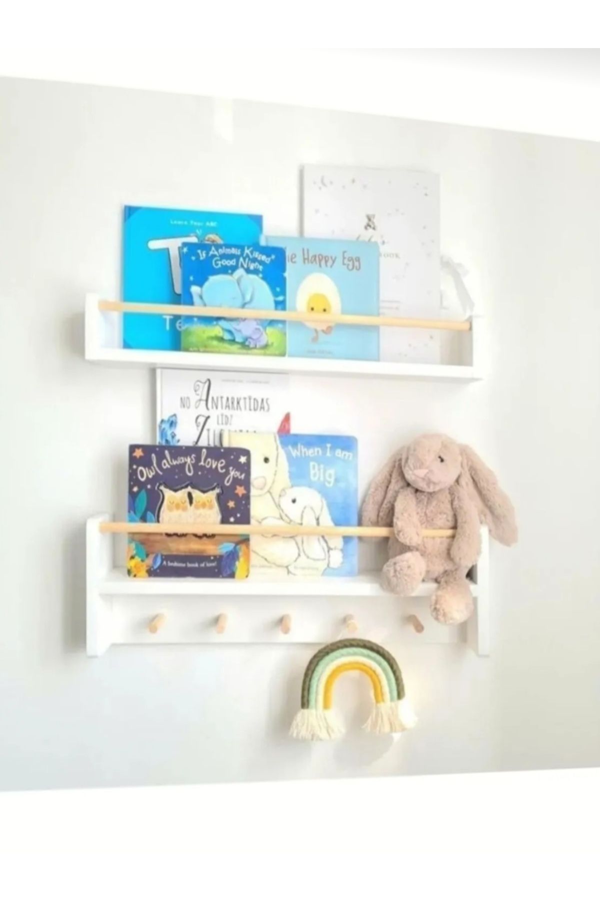 60 Cm Beyaz Naturel Ahşap Raf Askılık 2 Lı Set Montessori Çoçuk Odası Aksesuar Dekorasyon Kitaplık