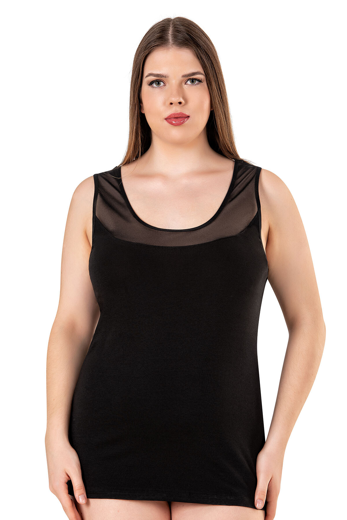ÖZKAN underwear Özkan 20575-bb Siyah Kadın Büyük Beden Pamuklu Likralı Tül Detaylı Kalın Askılı Havuz Yaka Atlet görsel 3