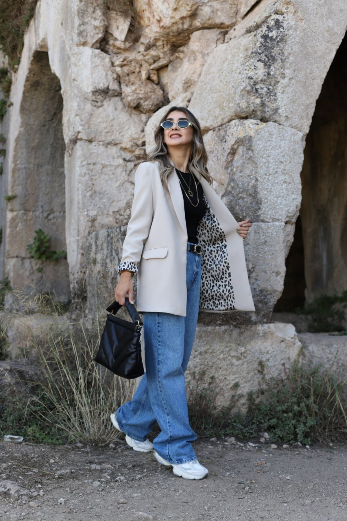 bytugcekaya-Leopard Patterned Stone Color Blazer - Shawl Collar Lined 3
