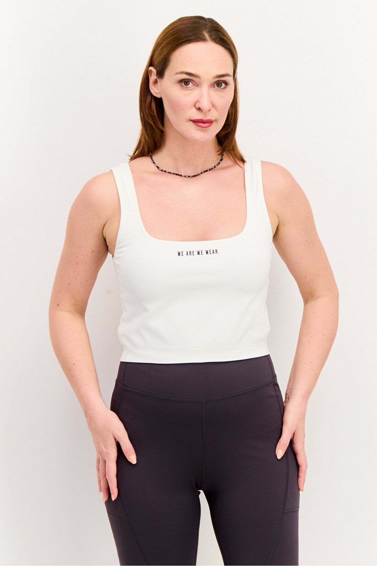 We Are We Wear-Women Square Neck Sleeveless Brand Logo Tank Top, White 1