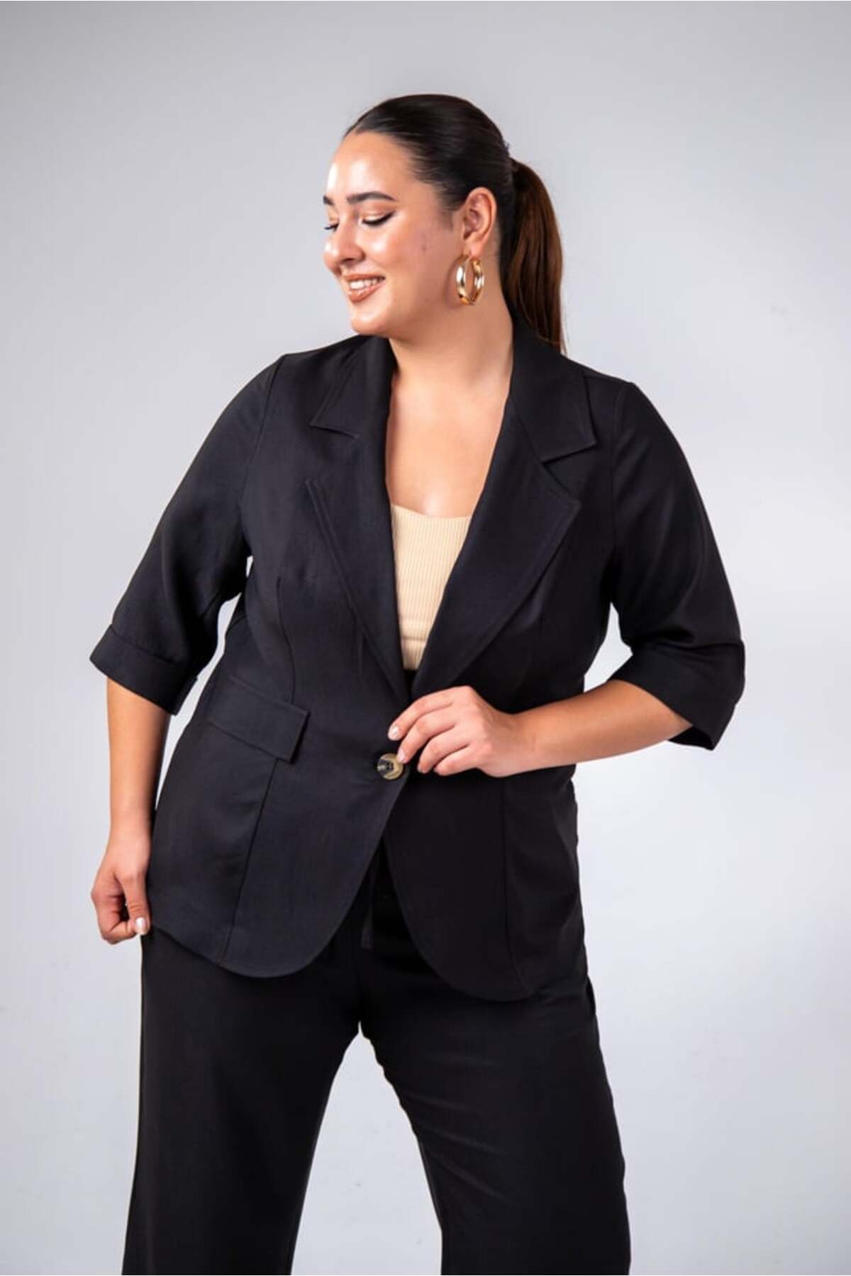 Roxxlen  Büyük Beden 333094 Keten 2'li Takım Siyah - Görsel 2