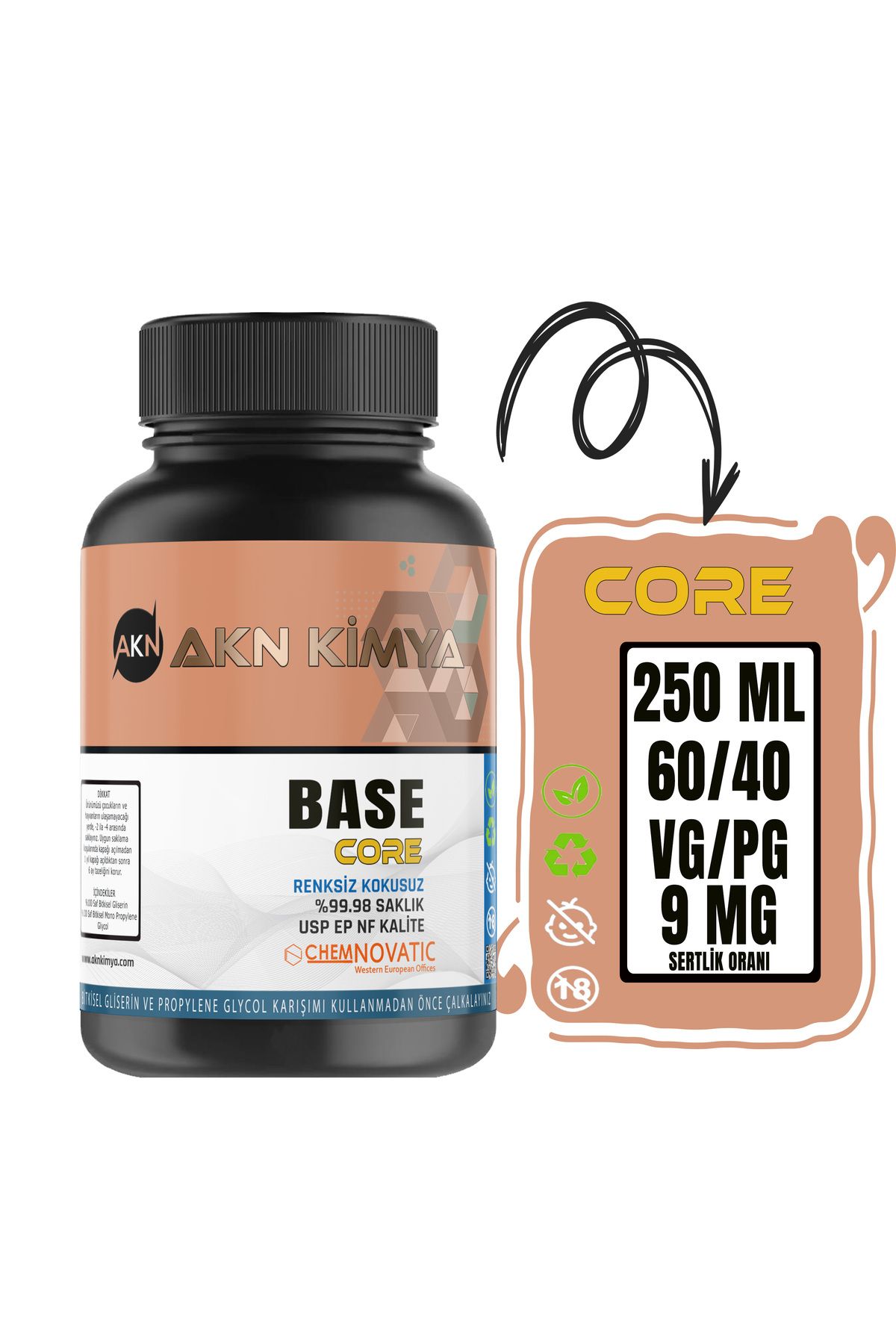 akn kimya Core 250 ml Vg Pg 60-40 9 Mg/ml Glikol E422