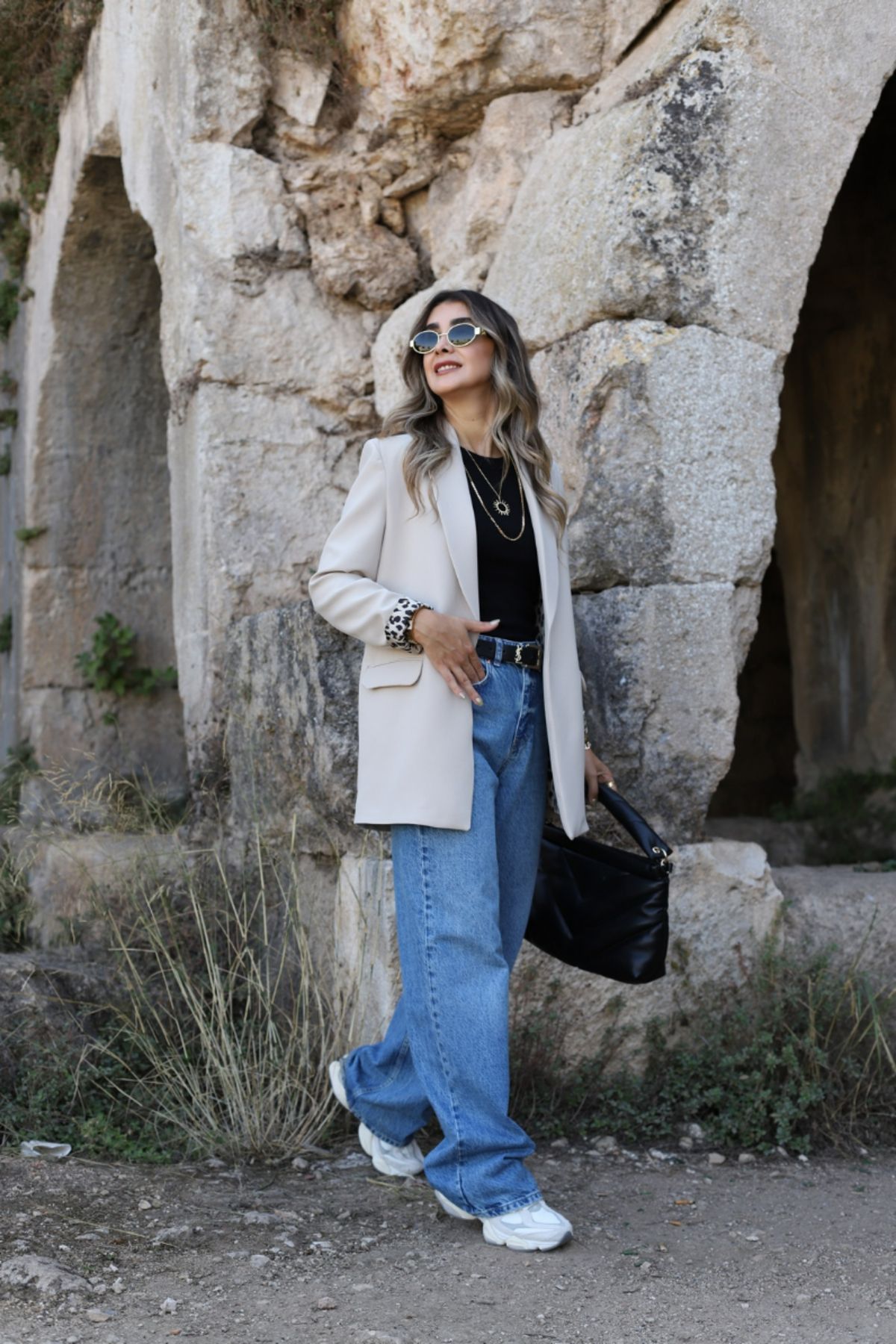 bytugcekaya-Leopard Patterned Stone Color Blazer - Shawl Collar Lined 5