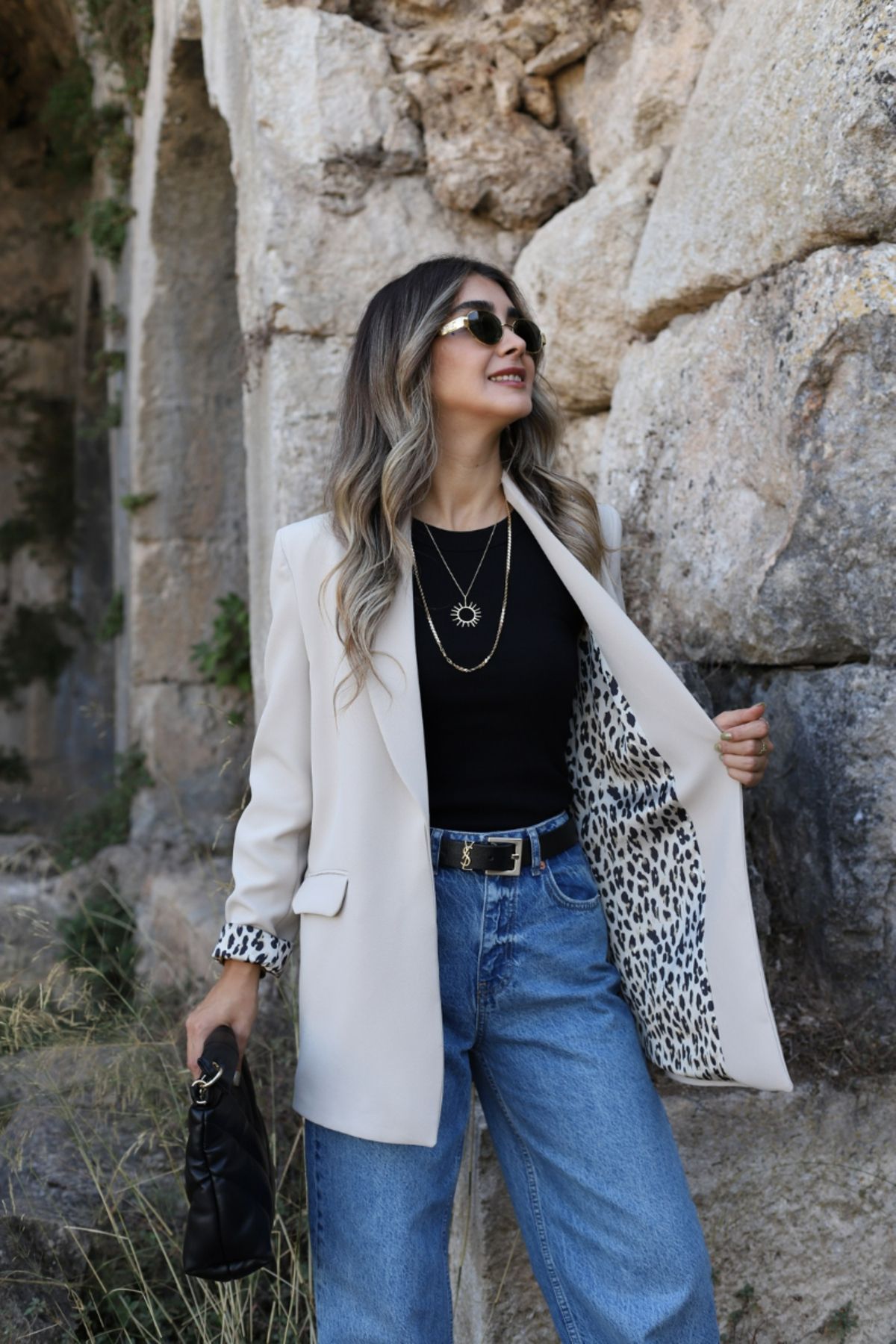bytugcekaya-Leopard Patterned Stone Color Blazer - Shawl Collar Lined 7