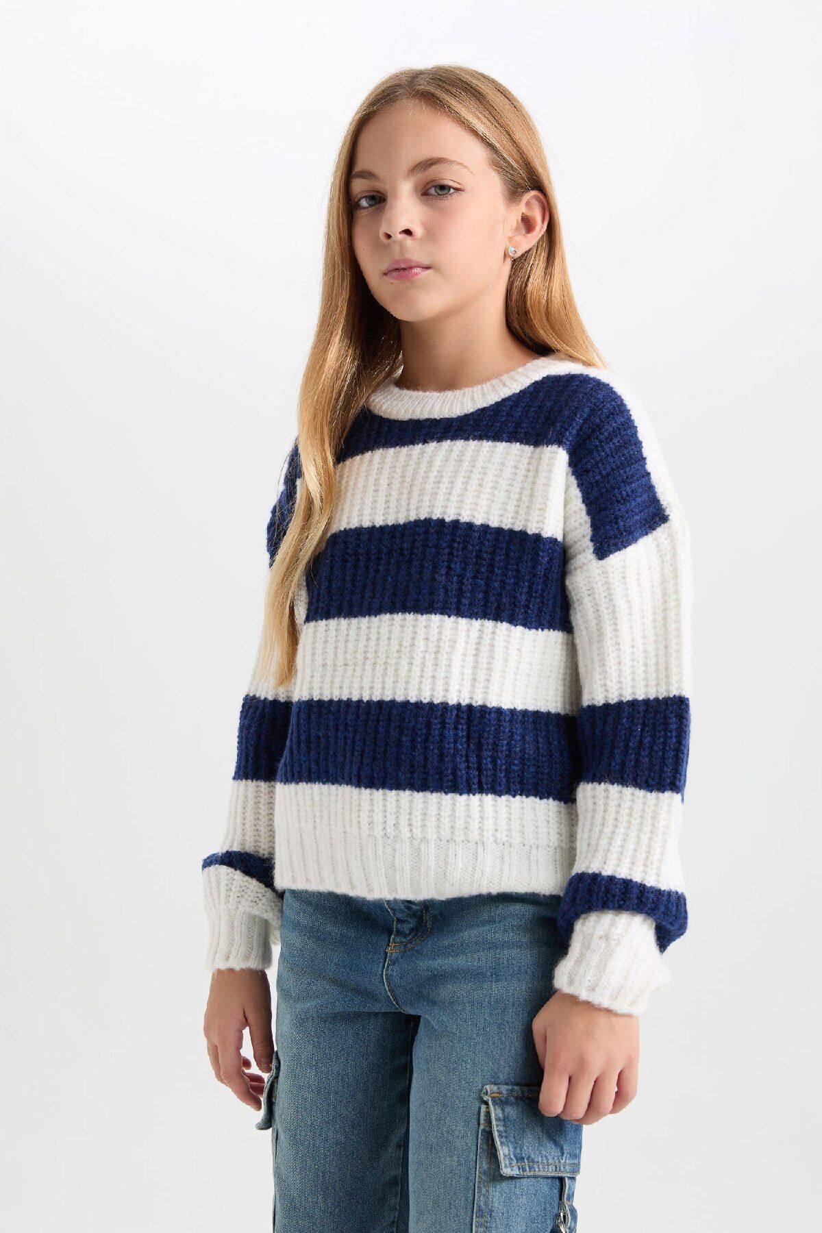 DeFacto-Girl's Striped Crew Neck Knitwear Sweater A6009A824Wn 1