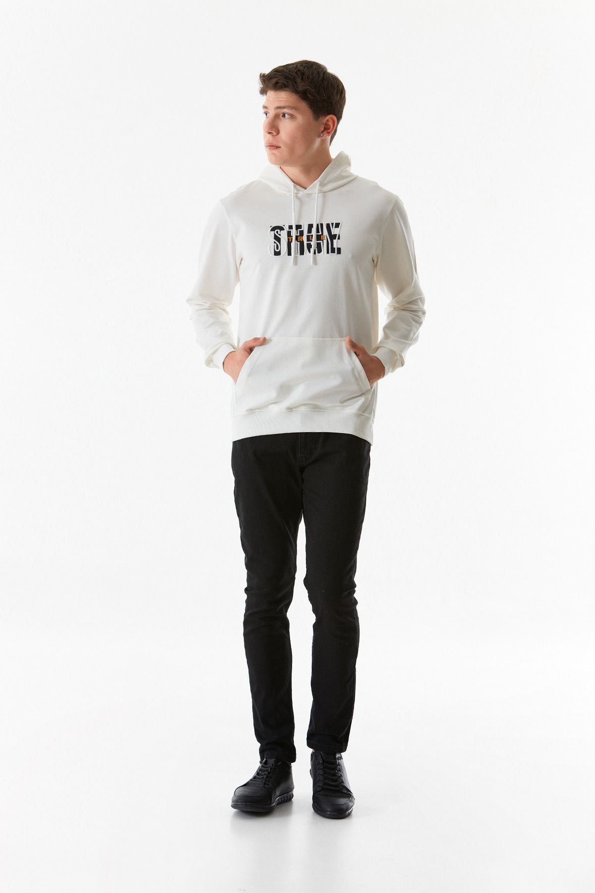 Fulla Moda-Text Printed Kangaroo Pocket Hooded Sweatshirt 2