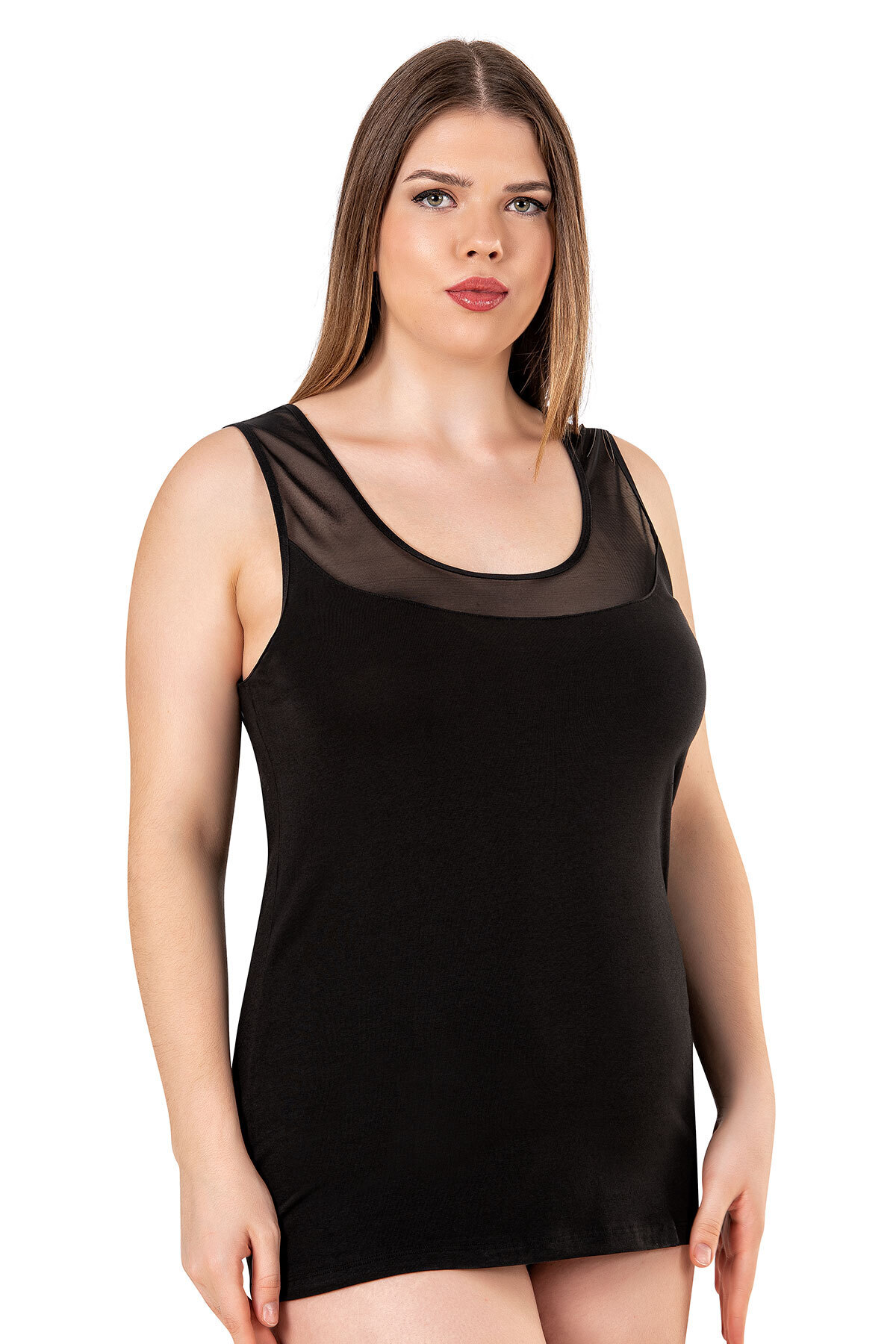 ÖZKAN underwear Özkan 20575-bb Siyah Kadın Büyük Beden Pamuklu Likralı Tül Detaylı Kalın Askılı Havuz Yaka Atlet görsel 4