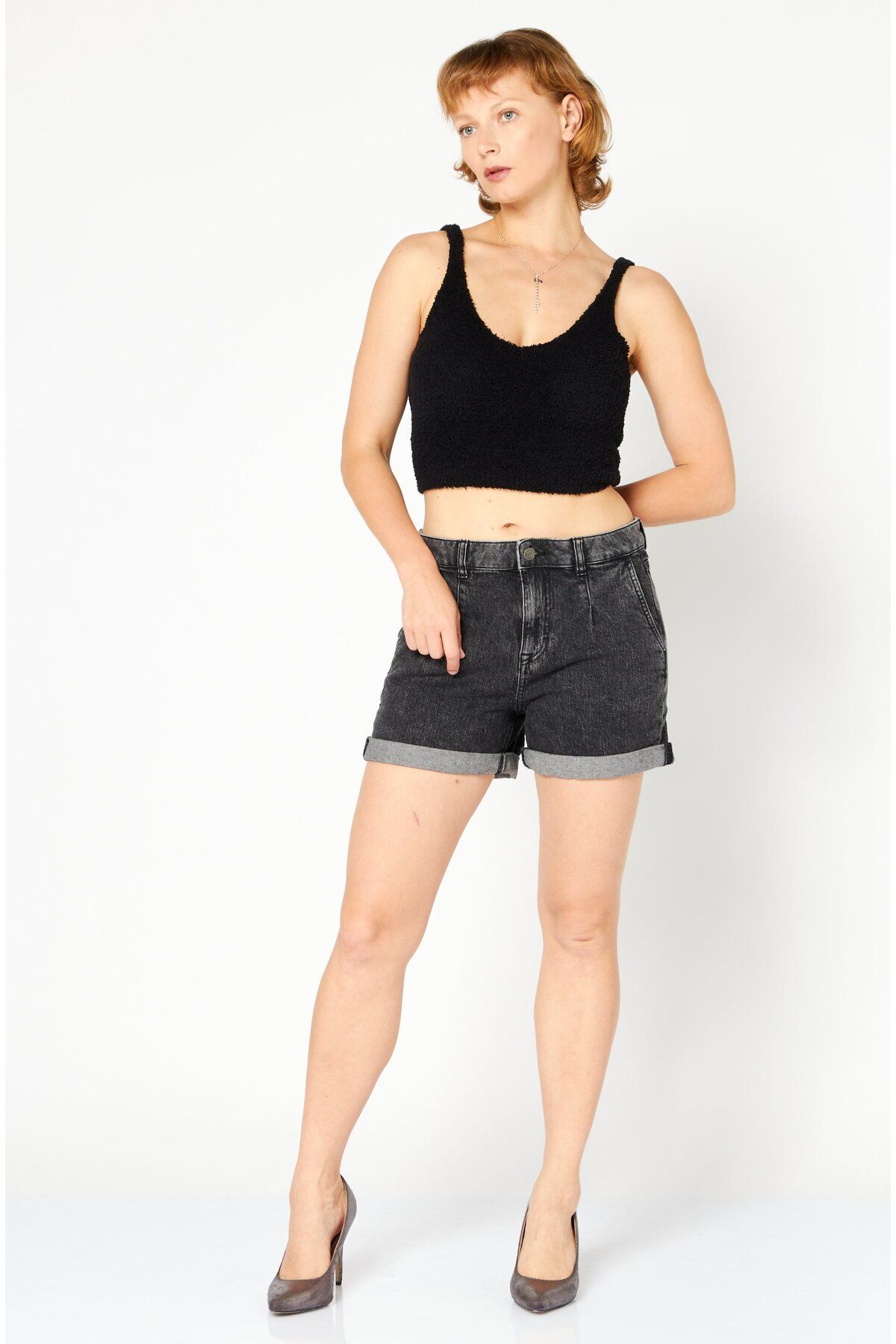 Esprit-Women Washed Denim Shorts, Black 2