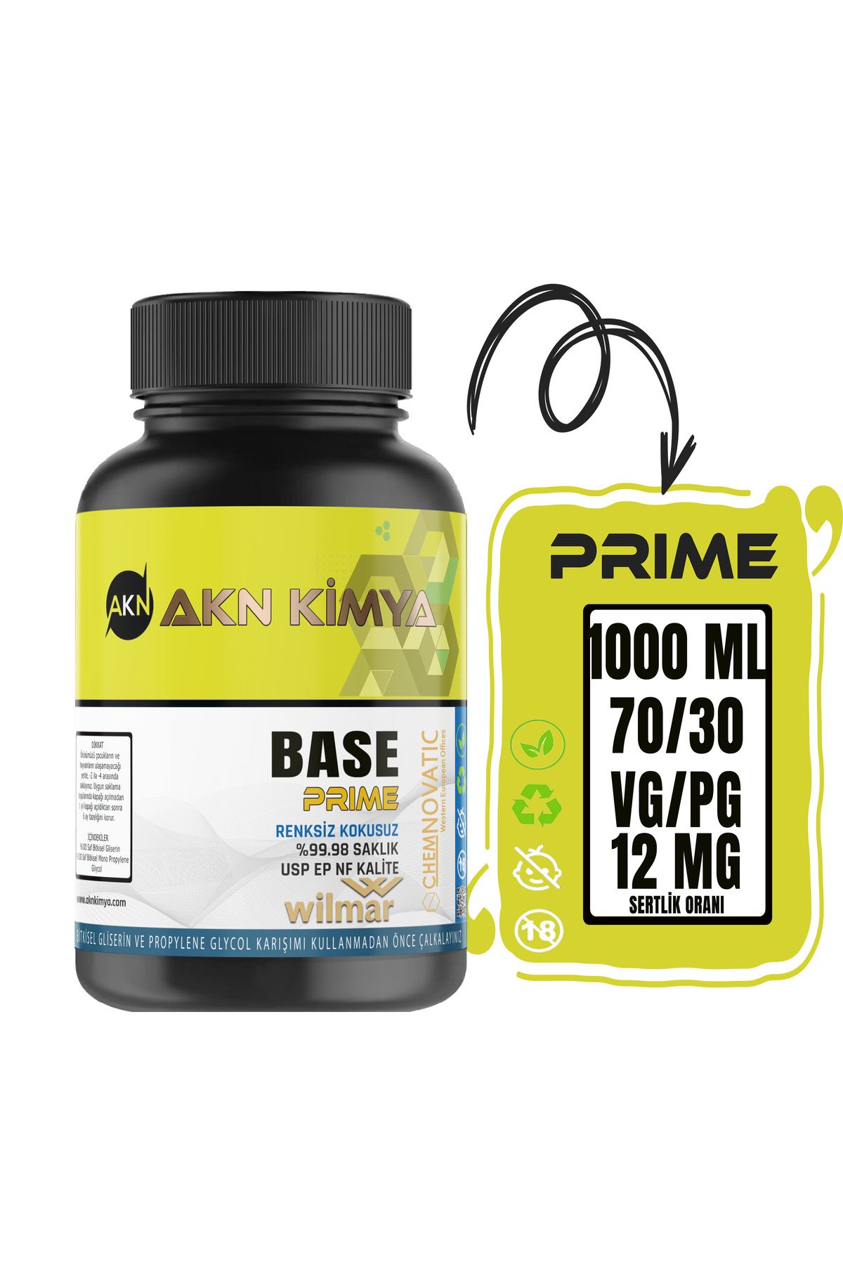 akn kimya Prime 1000 ml Vg Pg 70-30 12 Mg/ml Glikol E422