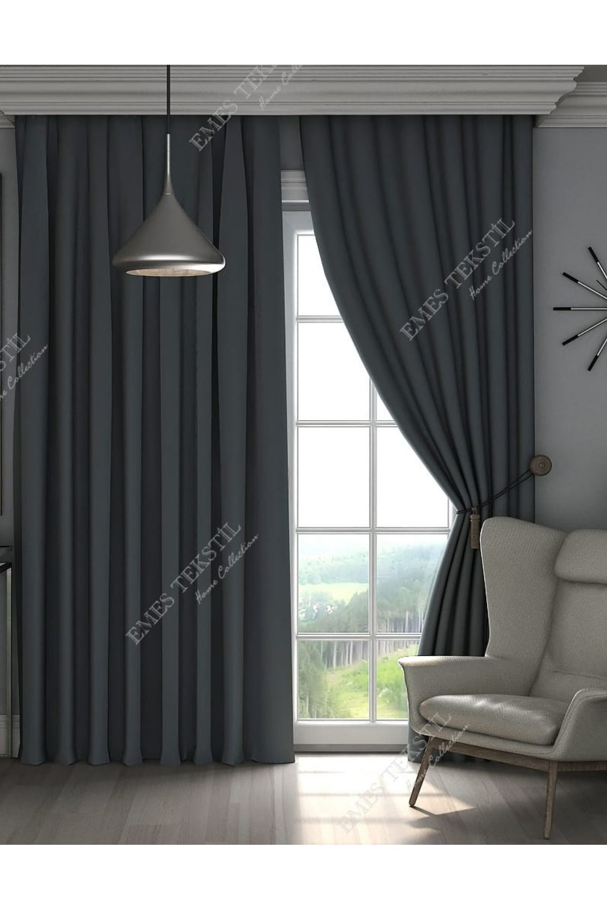 Taç-Curtainpendik Luxury, Anthracite - Dark Gray Blackout Thick Blackout Sunshade Curtain (En X Size Single Wing) 1