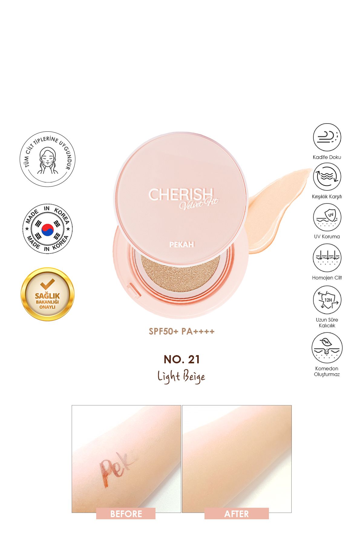 PEKAH Spf 50 Pa Uva/uvb Yüksek Kapatıcılık Cherish Velvet Cushion Fondöten 21 Orta Koyu Bej 14gr-1