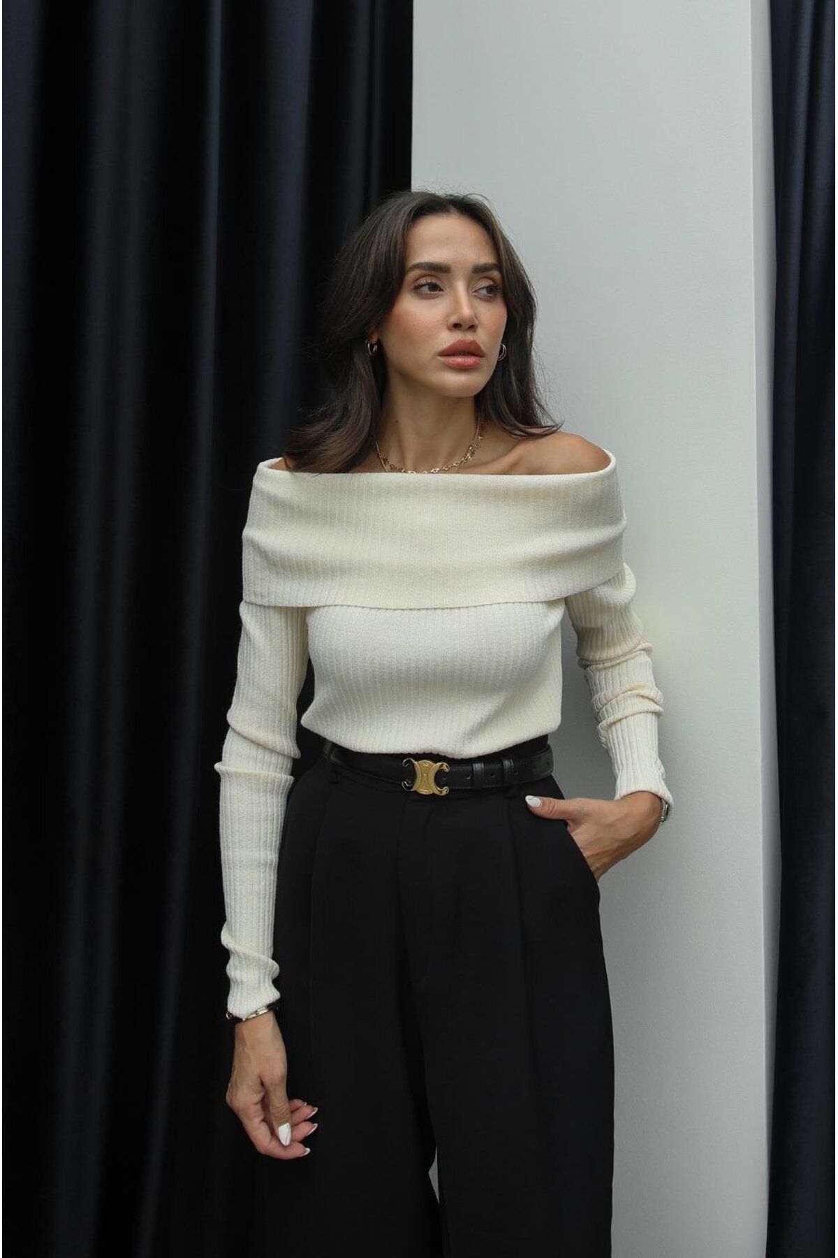 Havoş-Madonna Collar Ribbed Ecru Knitwear 2