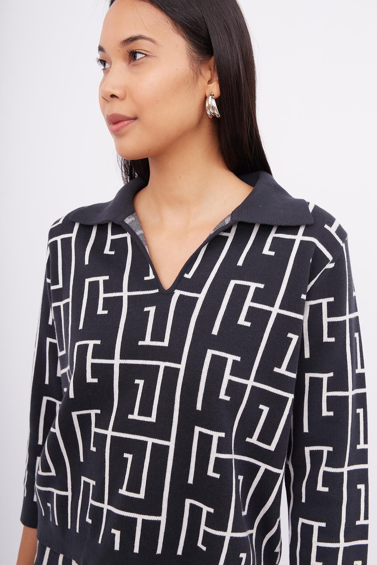 Peraluna-Bluză de damă Maze Blouse Jacquard din bumbac organic - Antracit/ecru 4