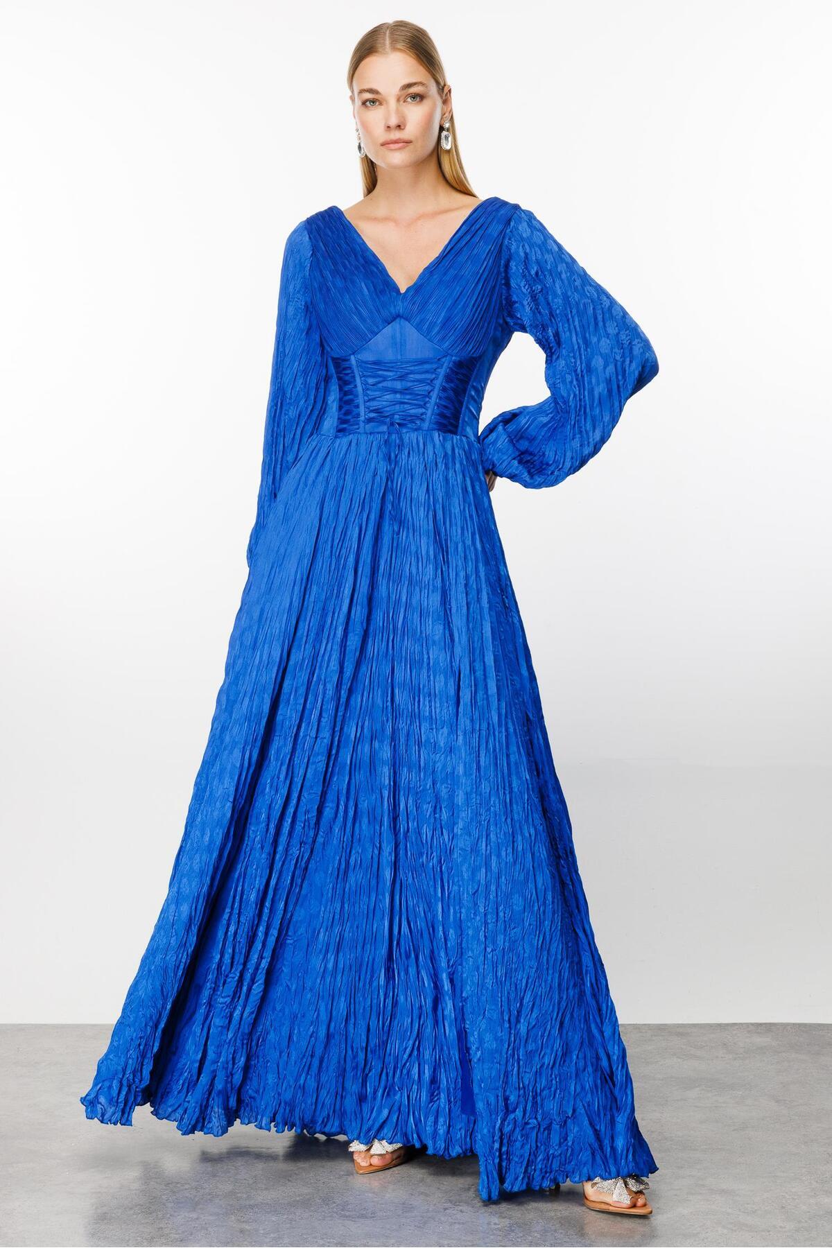 Moda İlgi-Saks Colorful Pleated Jacquard Fashionable Dress 7