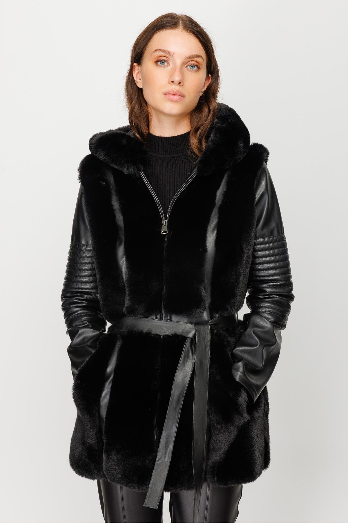 Moda İlgi-Modailgi Hooded Fur Detailed Leather Coat Black 4