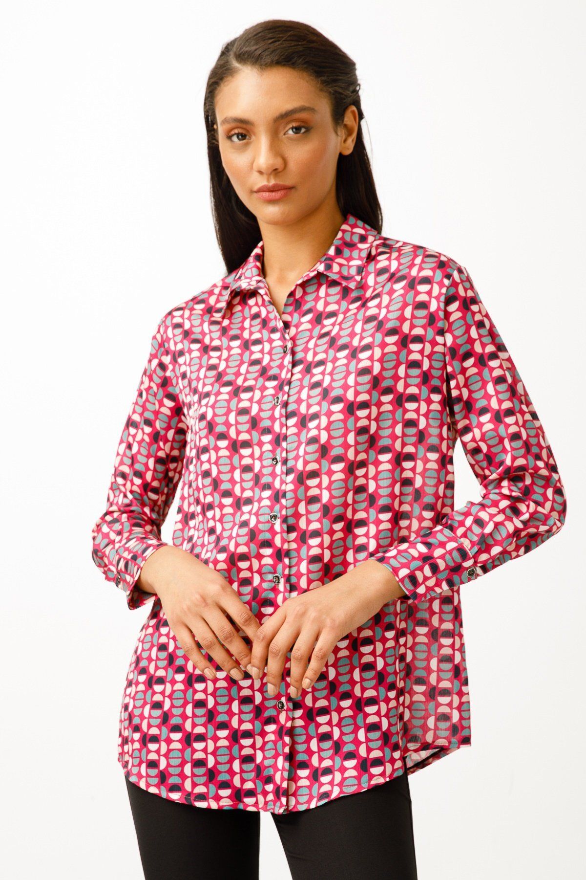 Moda İlgi-Modailgi Off Shoulder Casual Printed Shirt Fuchsia 4