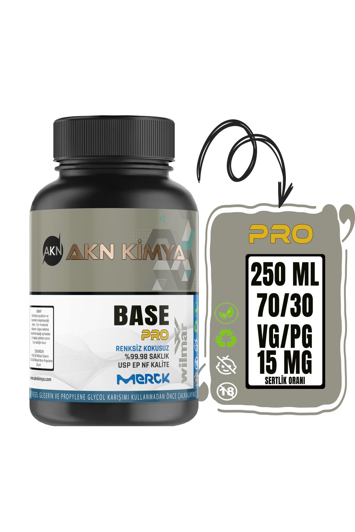 akn kimya Pro 250 ml Vg Pg 70-30 15 Mg/ml Glikol E422