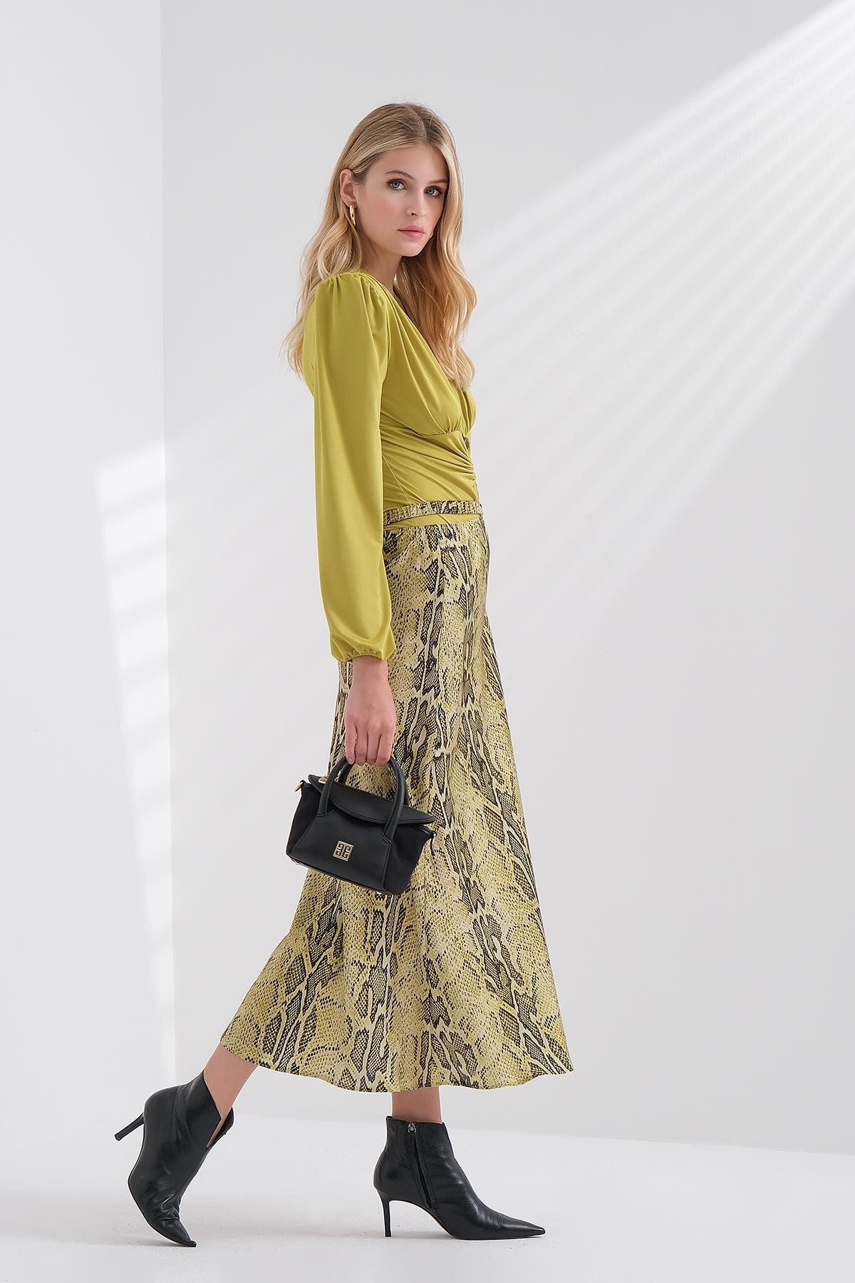 EXPLOSION-Python Patterned Cut Out Detailed Satin Midi Skirt 3