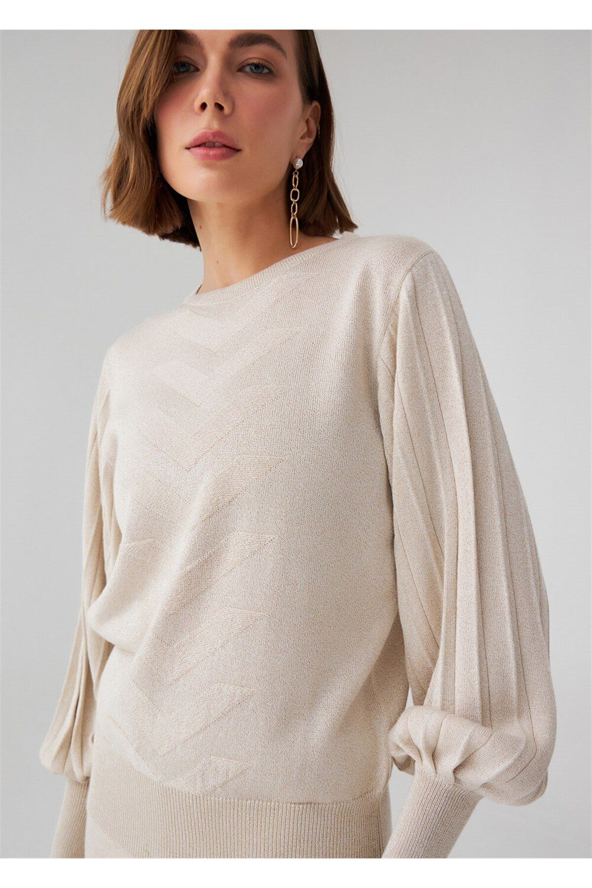 Peraluna-Women's Knitwear Blouse - Pleated Sleeves, Crew Neck, Glitter Detail, Cream 2