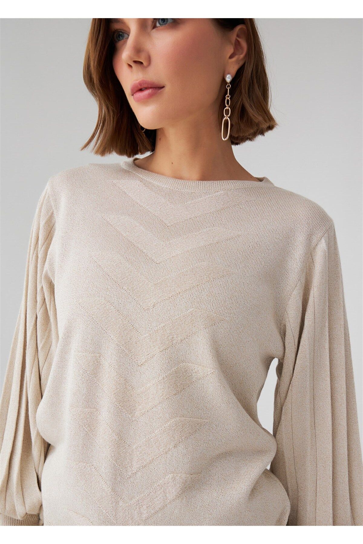 Peraluna-Women's Knitwear Blouse - Pleated Sleeves, Crew Neck, Glitter Detail, Cream 5