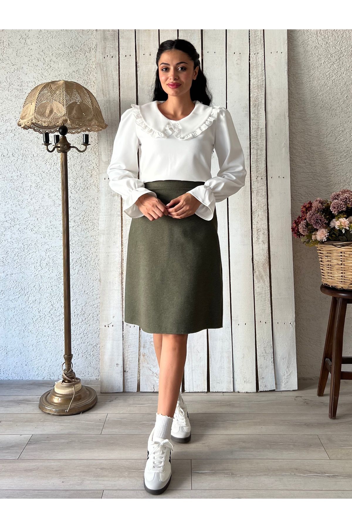 KÜÇÜĞÜM BUTİK-Khaki Green Short Skirt 1