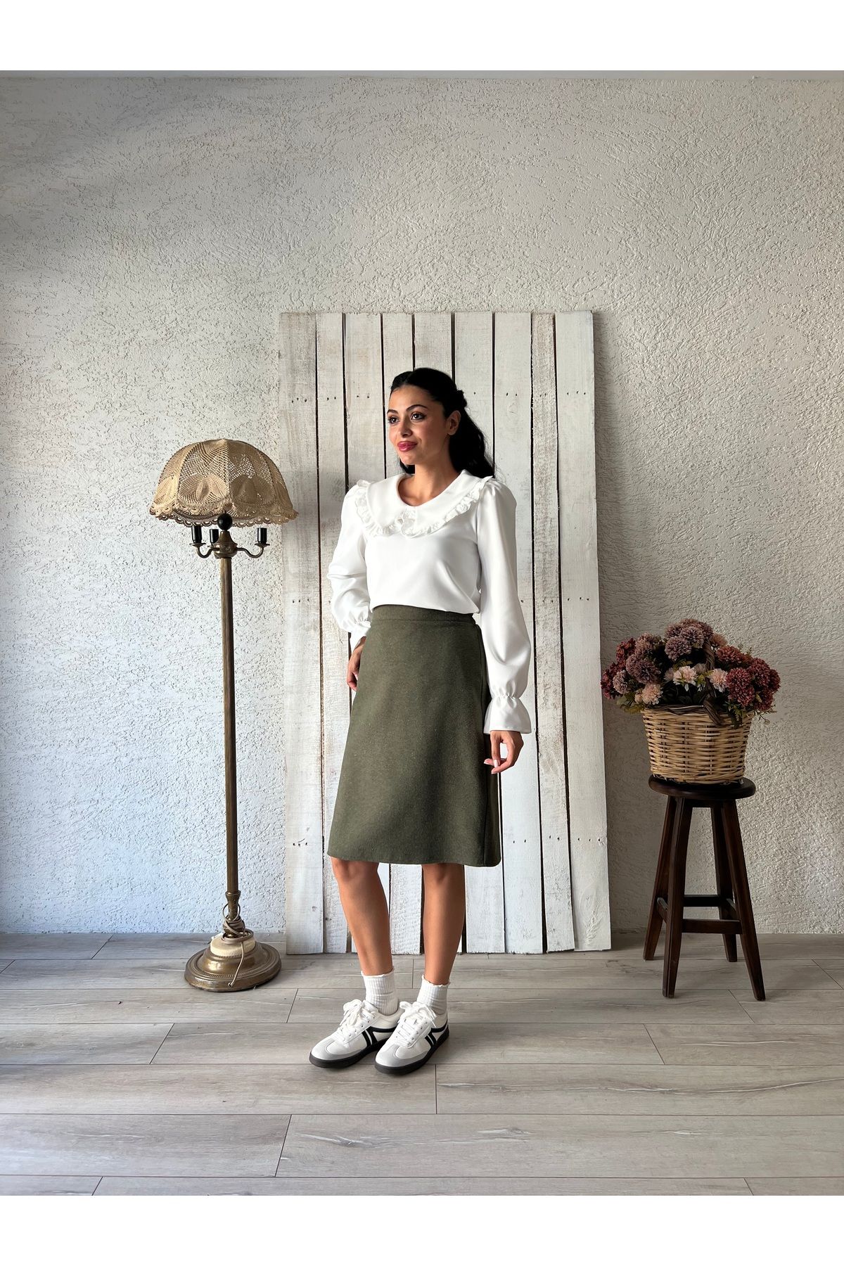 KÜÇÜĞÜM BUTİK-Khaki Green Short Skirt 3