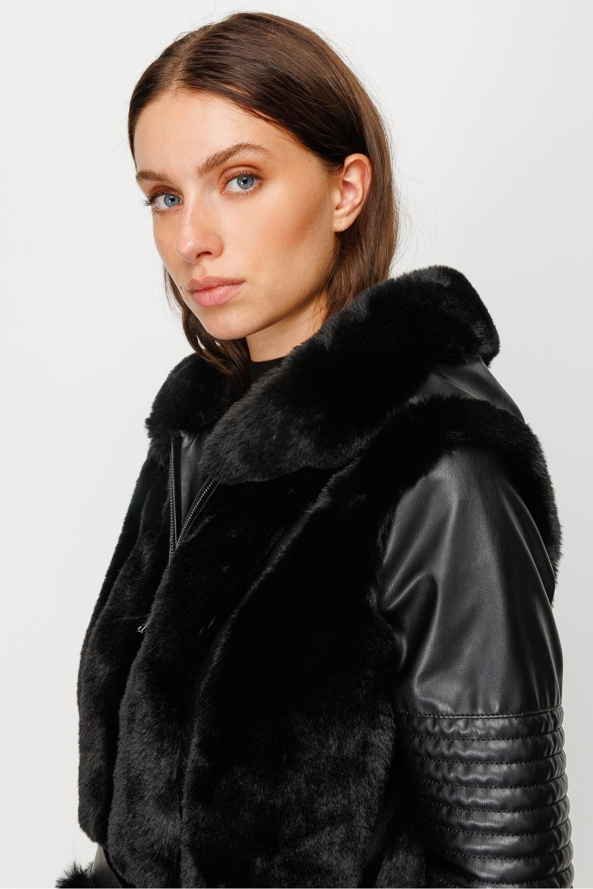 Moda İlgi-Modailgi Hooded Fur Detailed Leather Coat Black 3