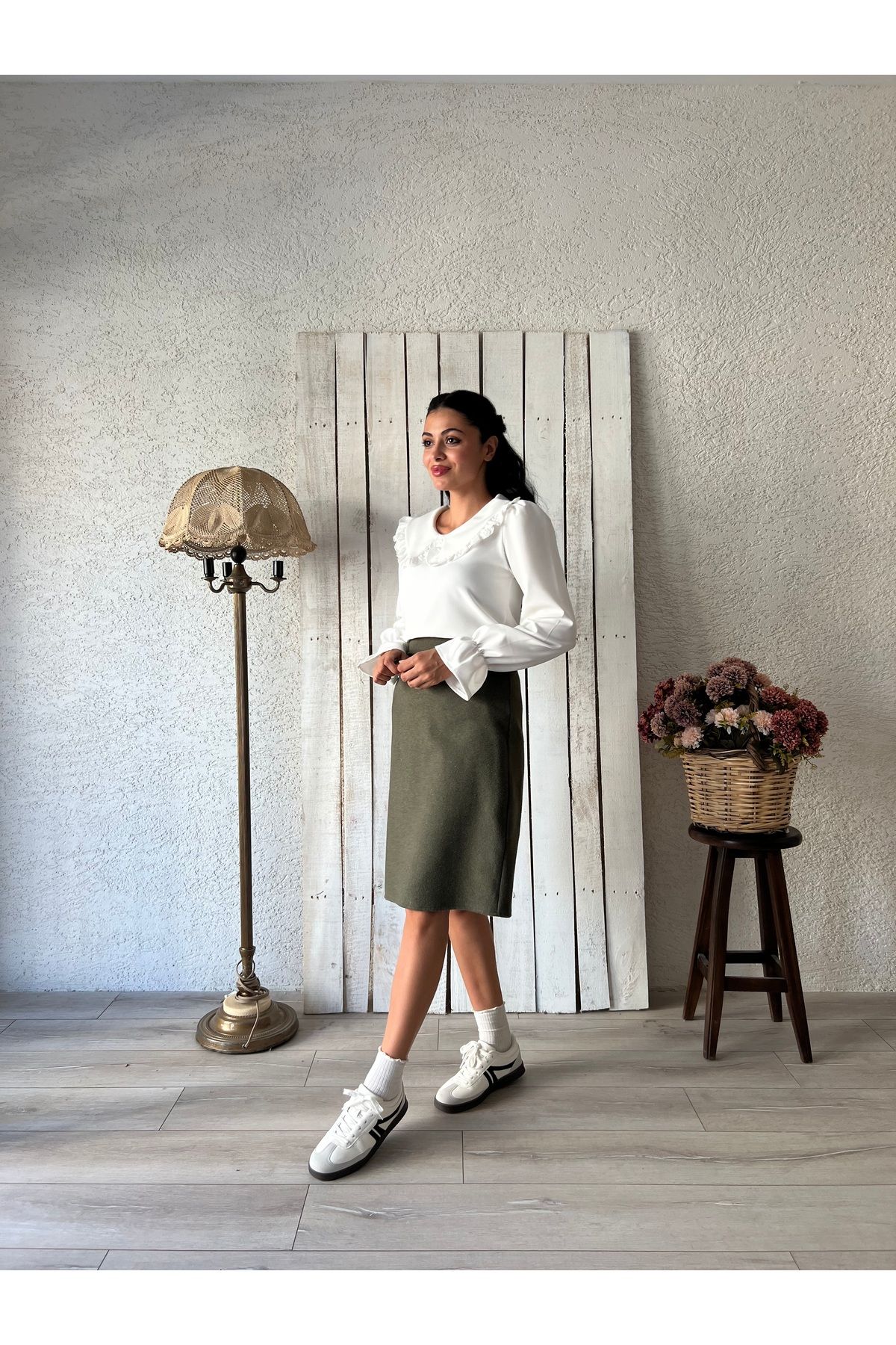 KÜÇÜĞÜM BUTİK-Khaki Green Short Skirt 2