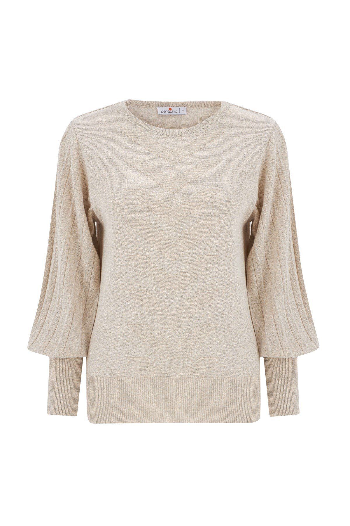 Peraluna-Women's Knitwear Blouse - Pleated Sleeves, Crew Neck, Glitter Detail, Cream 7