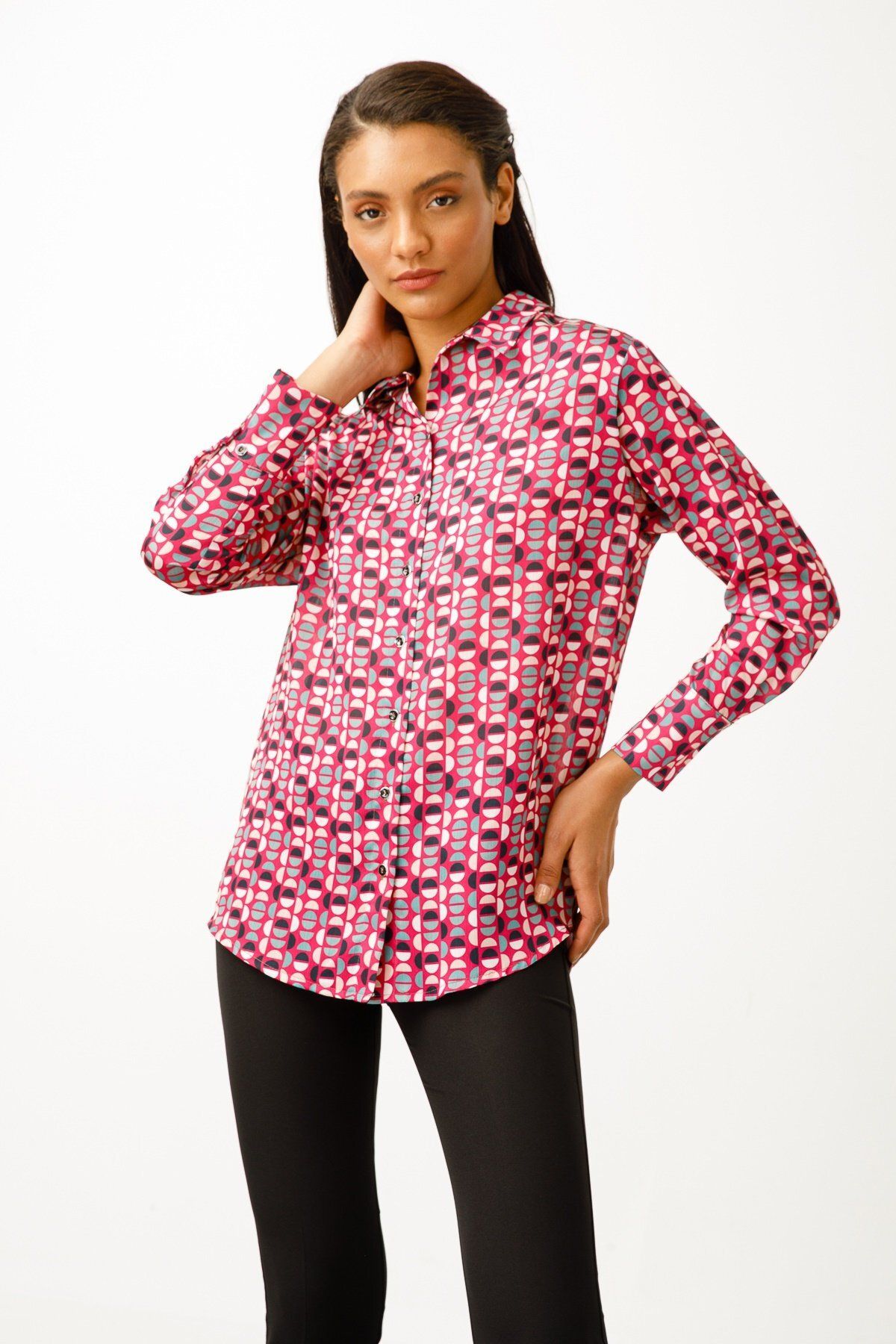 Moda İlgi-Modailgi Off Shoulder Casual Printed Shirt Fuchsia 2