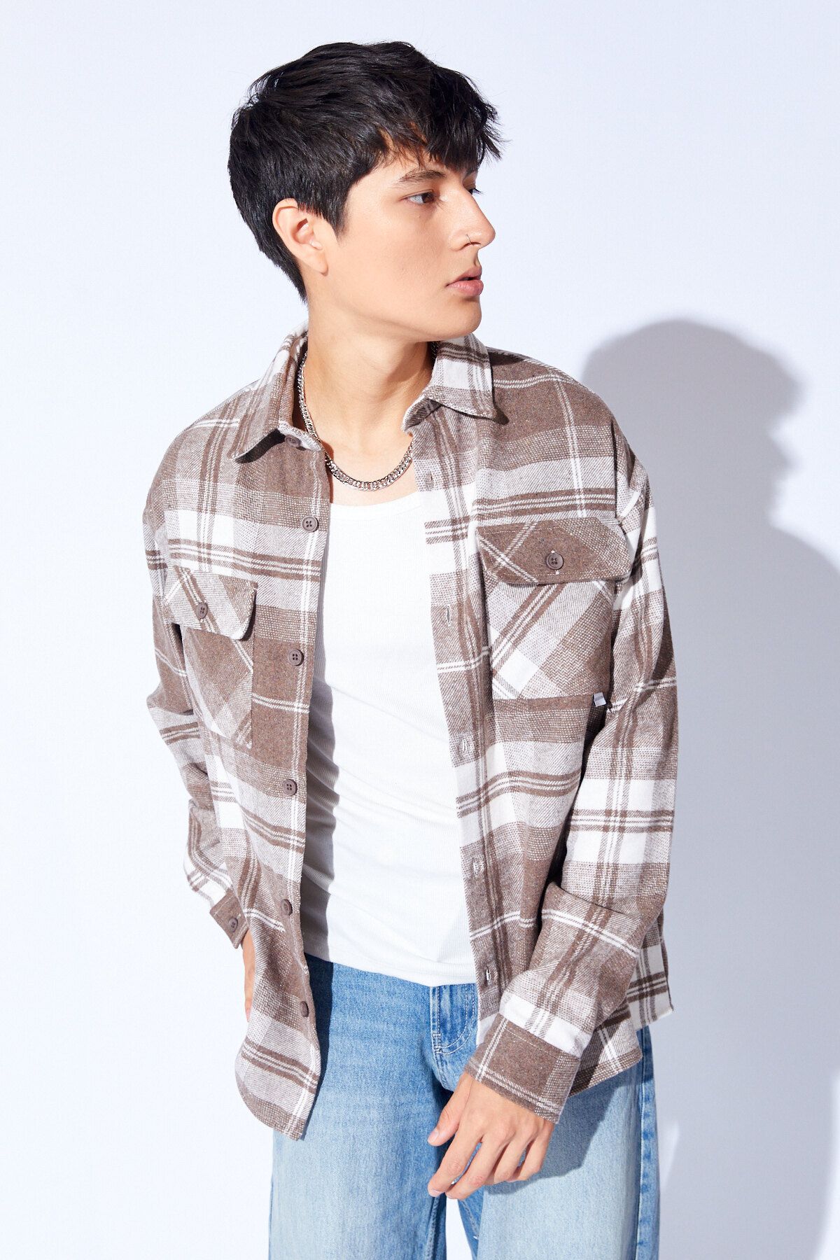 Manche-Acrylic Oversize Soft Woven Plaid Double Pocket Flap Men's Shirt |   Coffee Mnw 191044 -01 2