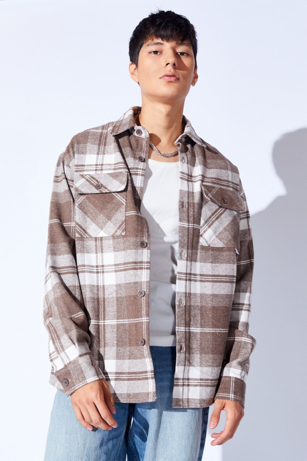 Manche-Acrylic Oversize Soft Woven Plaid Double Pocket Flap Men's Shirt |   Coffee Mnw 191044 -01 1