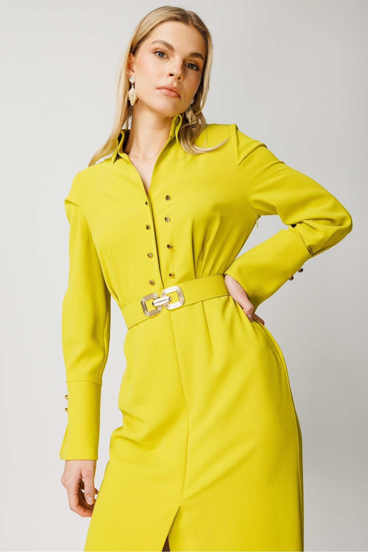 Moda İlgi  Modailgi Gömlek Yakalı Önden Yırtmaçlı Midi Boy Elbise Asit - Görsel 3