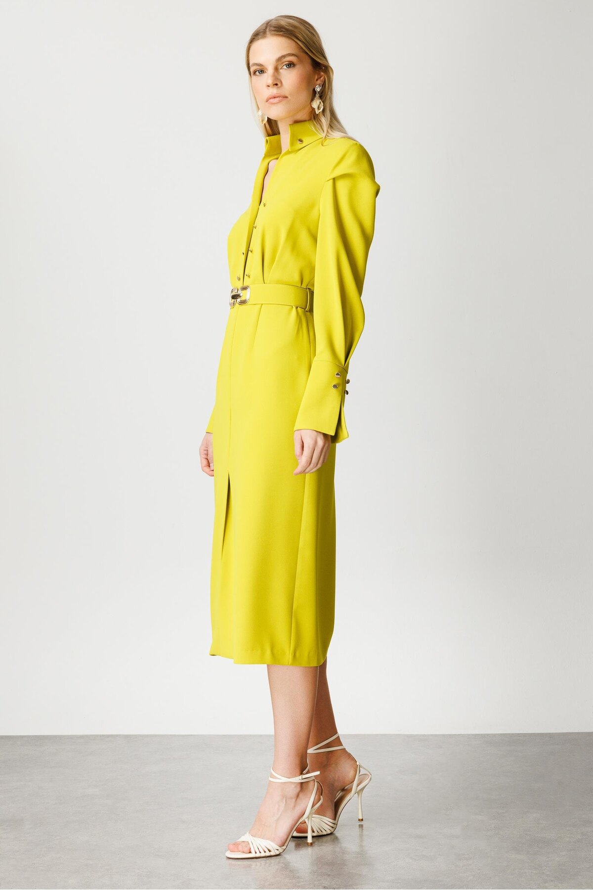 Moda İlgi  Modailgi Gömlek Yakalı Önden Yırtmaçlı Midi Boy Elbise Asit - Görsel 4