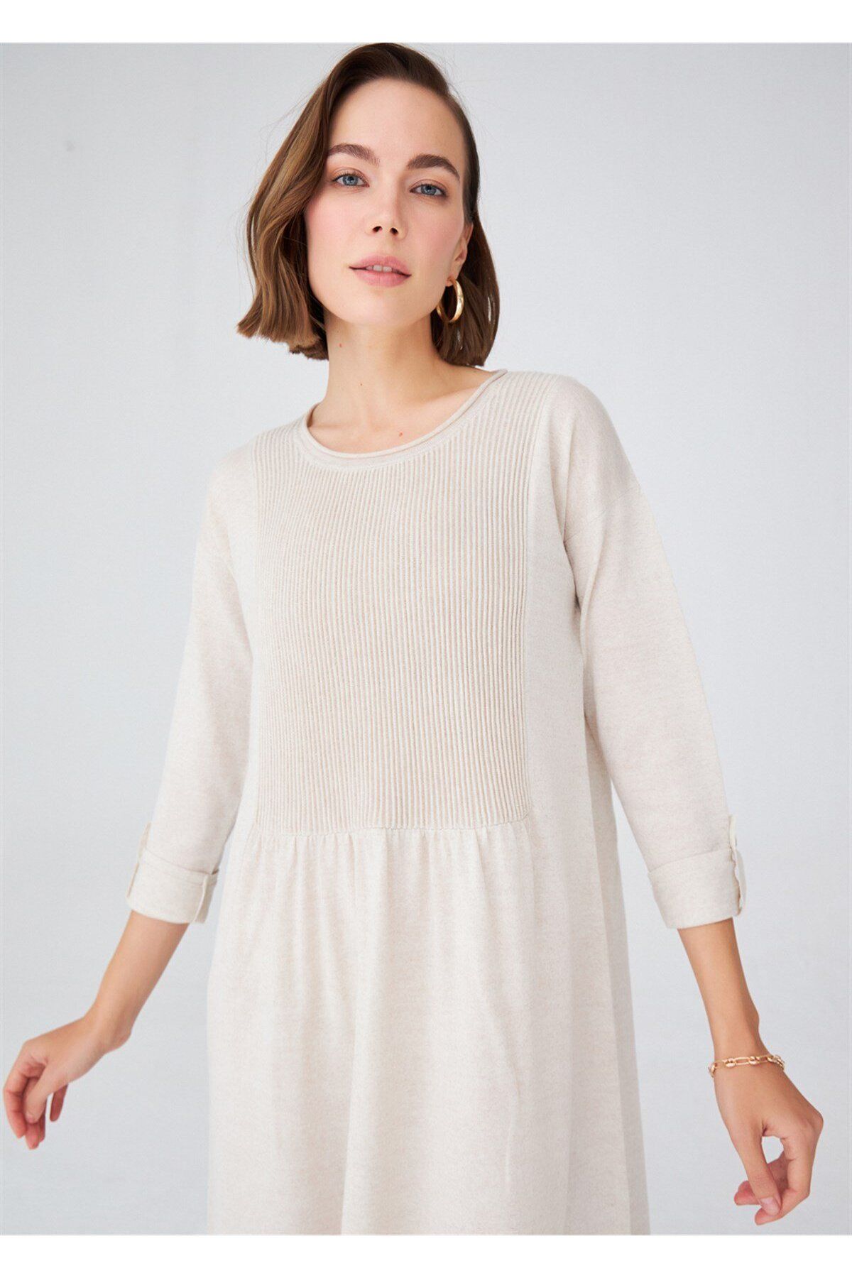 Peraluna-Robe Detailed Loose Cut Merino Wool Blend Long Women's Knitwear Dress - Ecru Melange 2