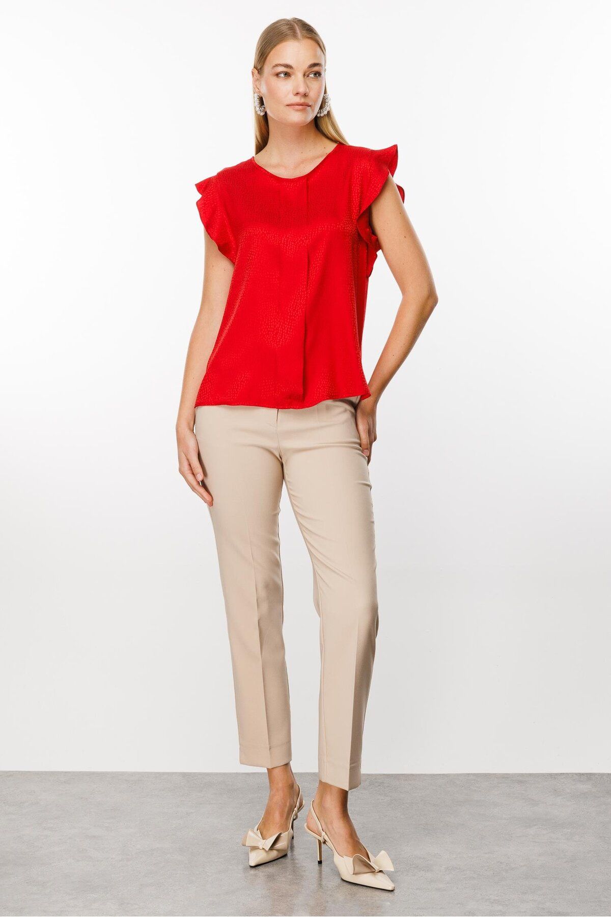 Moda İlgi-Red Modailgi Flounce Jacquard Blouse 2