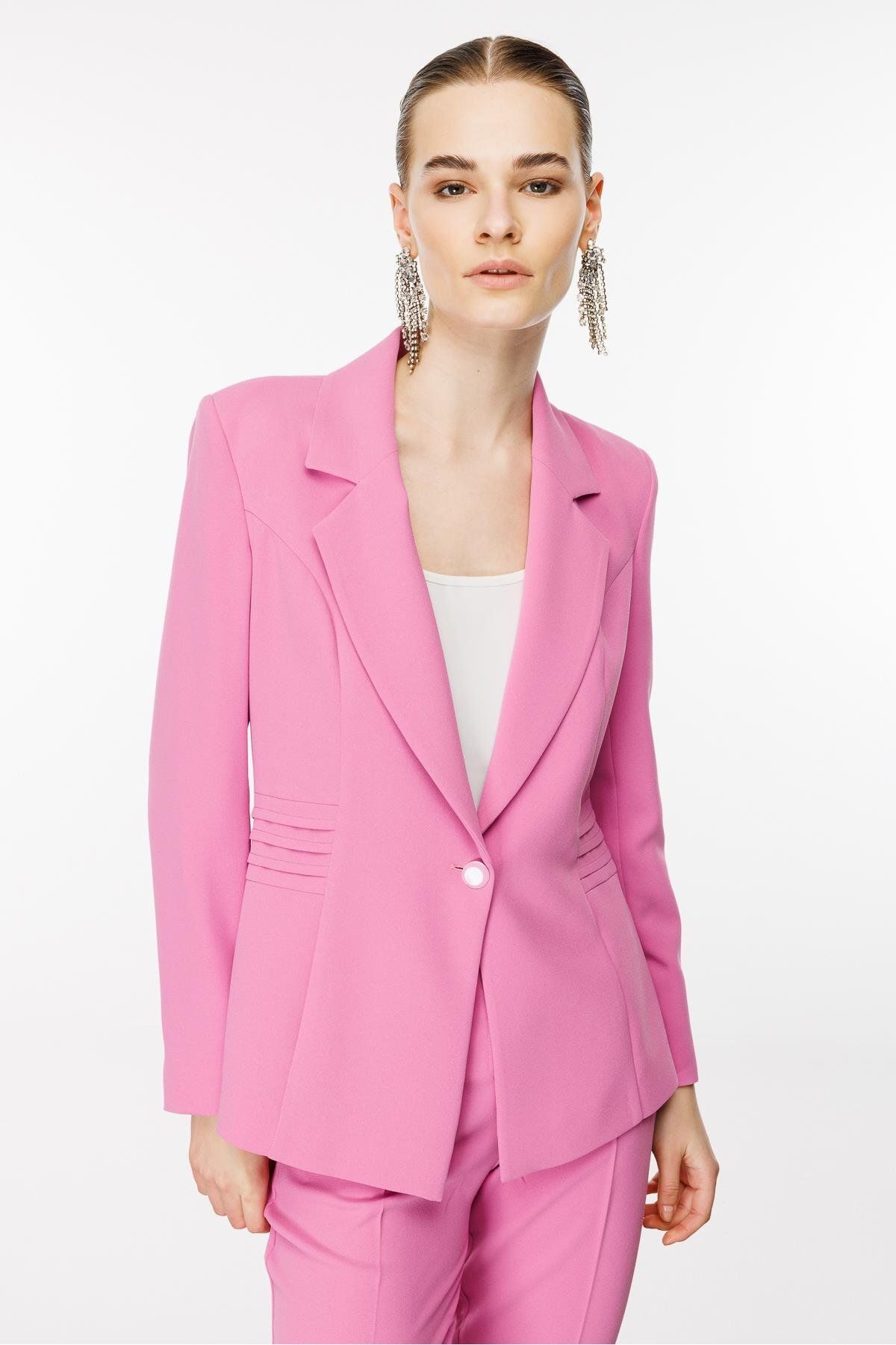 Moda İlgi-Pink Modailgi Cup Ribbed Detailed Half Lined Single Button Jacket 1