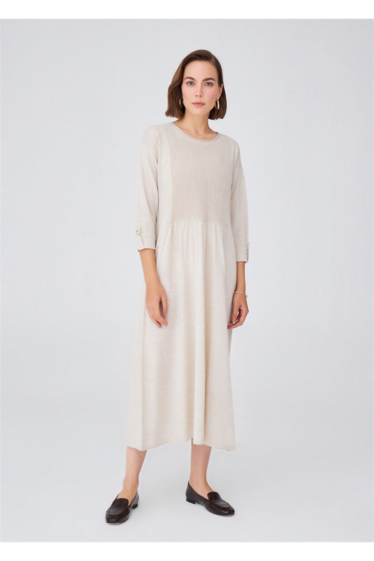 Peraluna-Robe Detailed Loose Cut Merino Wool Blend Long Women's Knitwear Dress - Ecru Melange 1